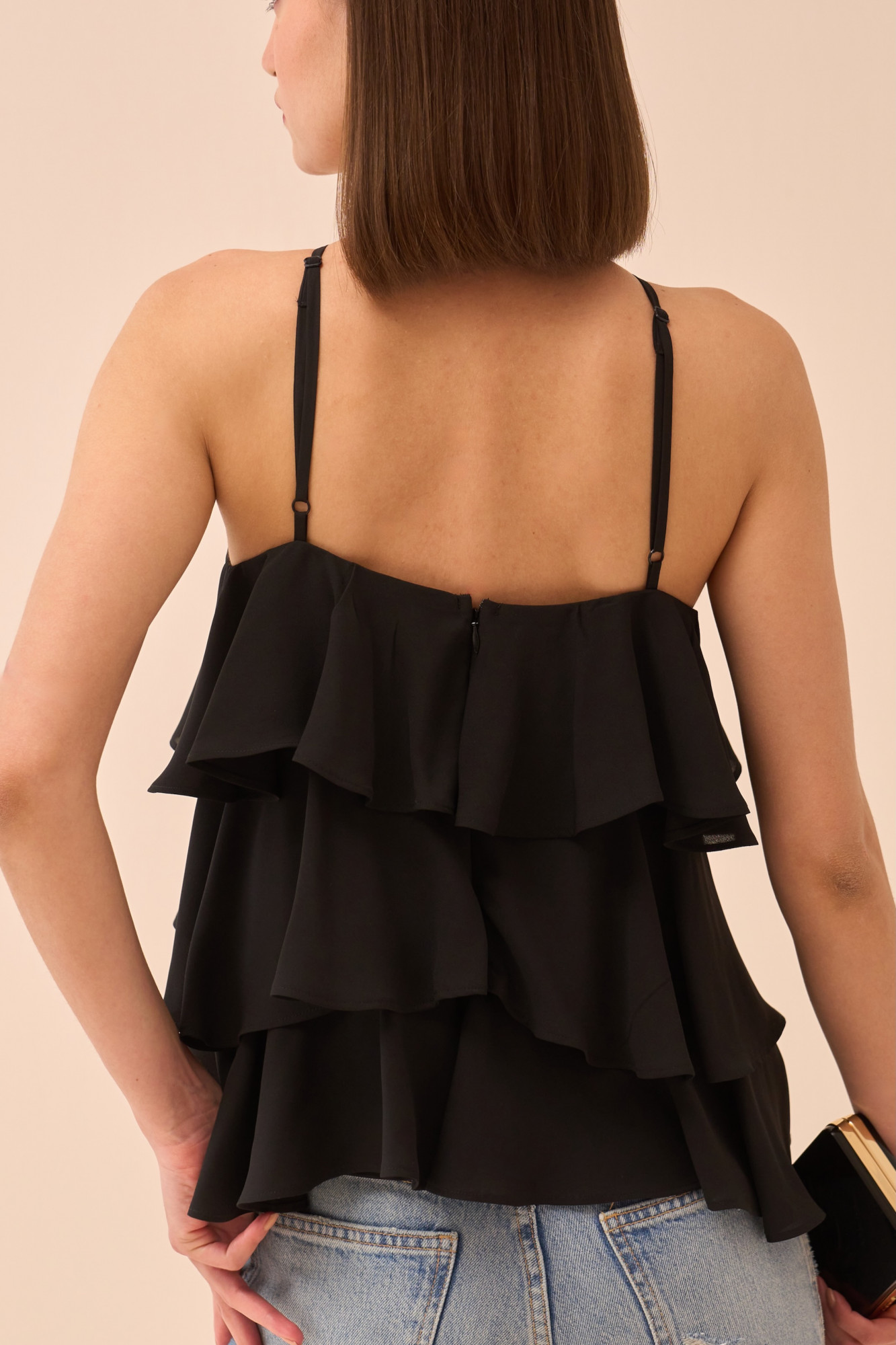 CASABLANCA BLACK COLOUR ALL OVER RUFFLE DETAIL TANK TOP