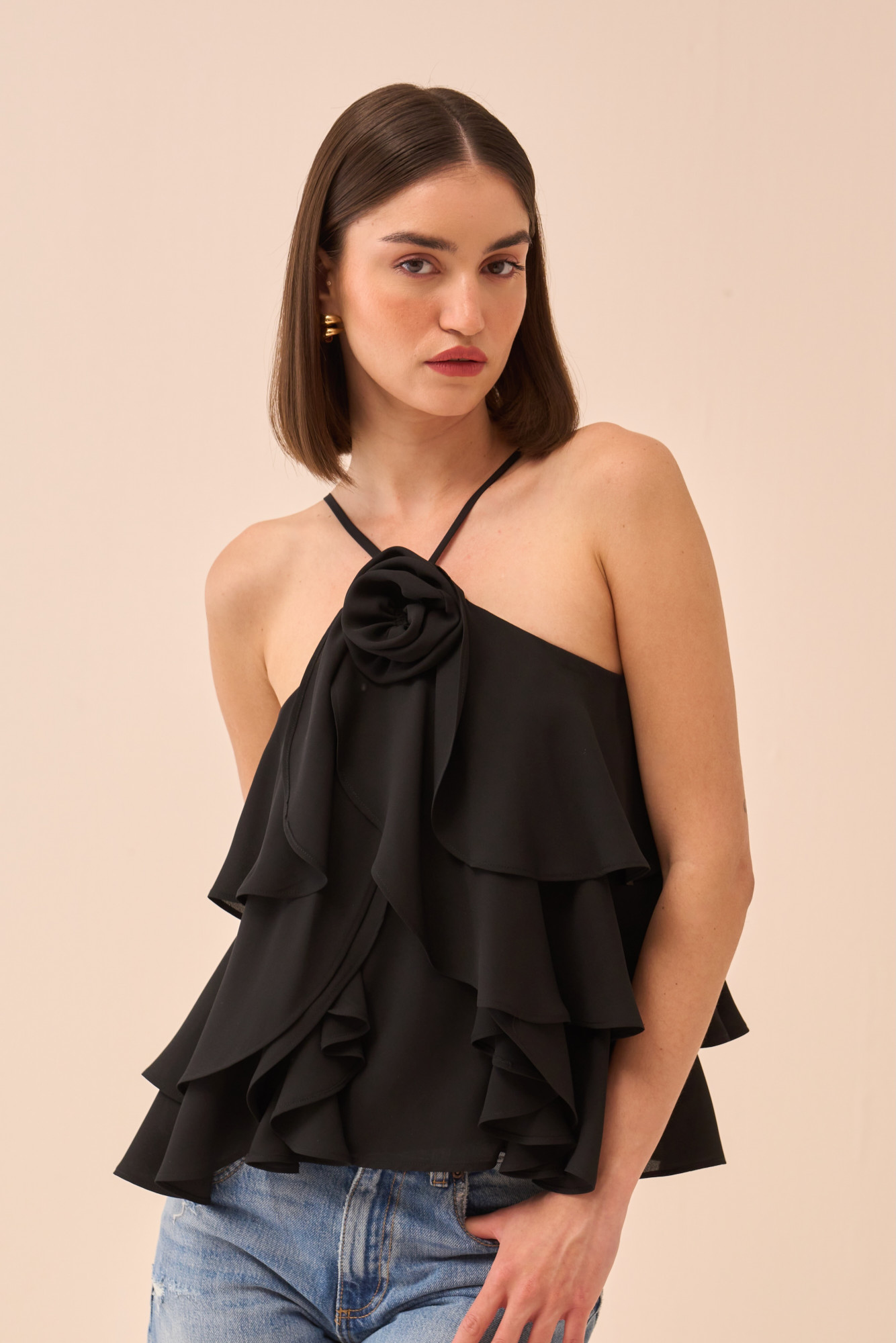 CASABLANCA BLACK COLOUR ALL OVER RUFFLE DETAIL TANK TOP