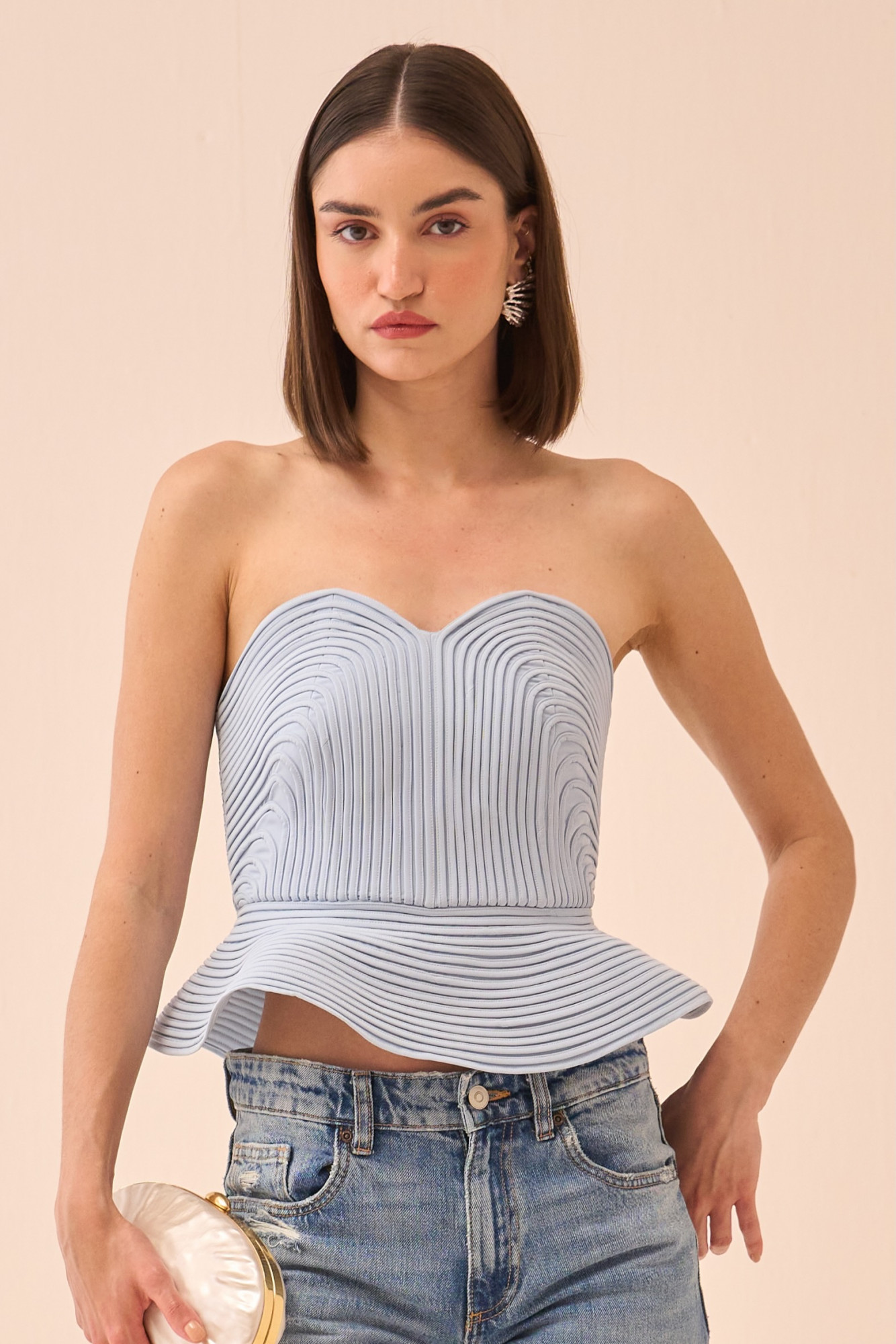 CASABLANCA POWDER BLUE COLOUR CORSET WITH SELF FABRIC PIPING DETAILING