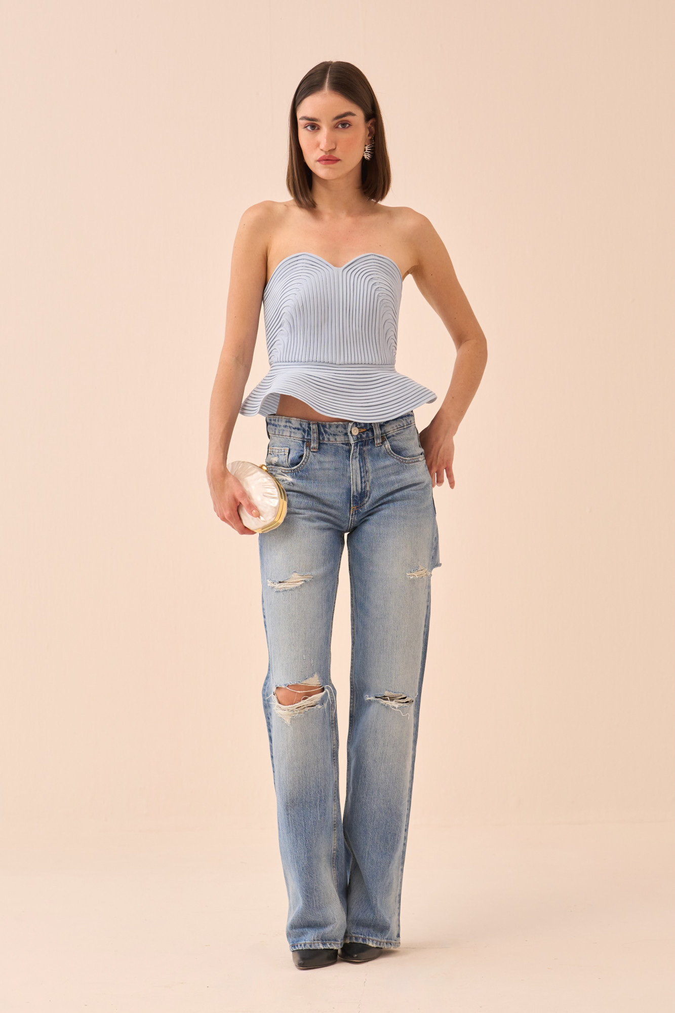 CASABLANCA POWDER BLUE COLOUR CORSET WITH SELF FABRIC PIPING DETAILING