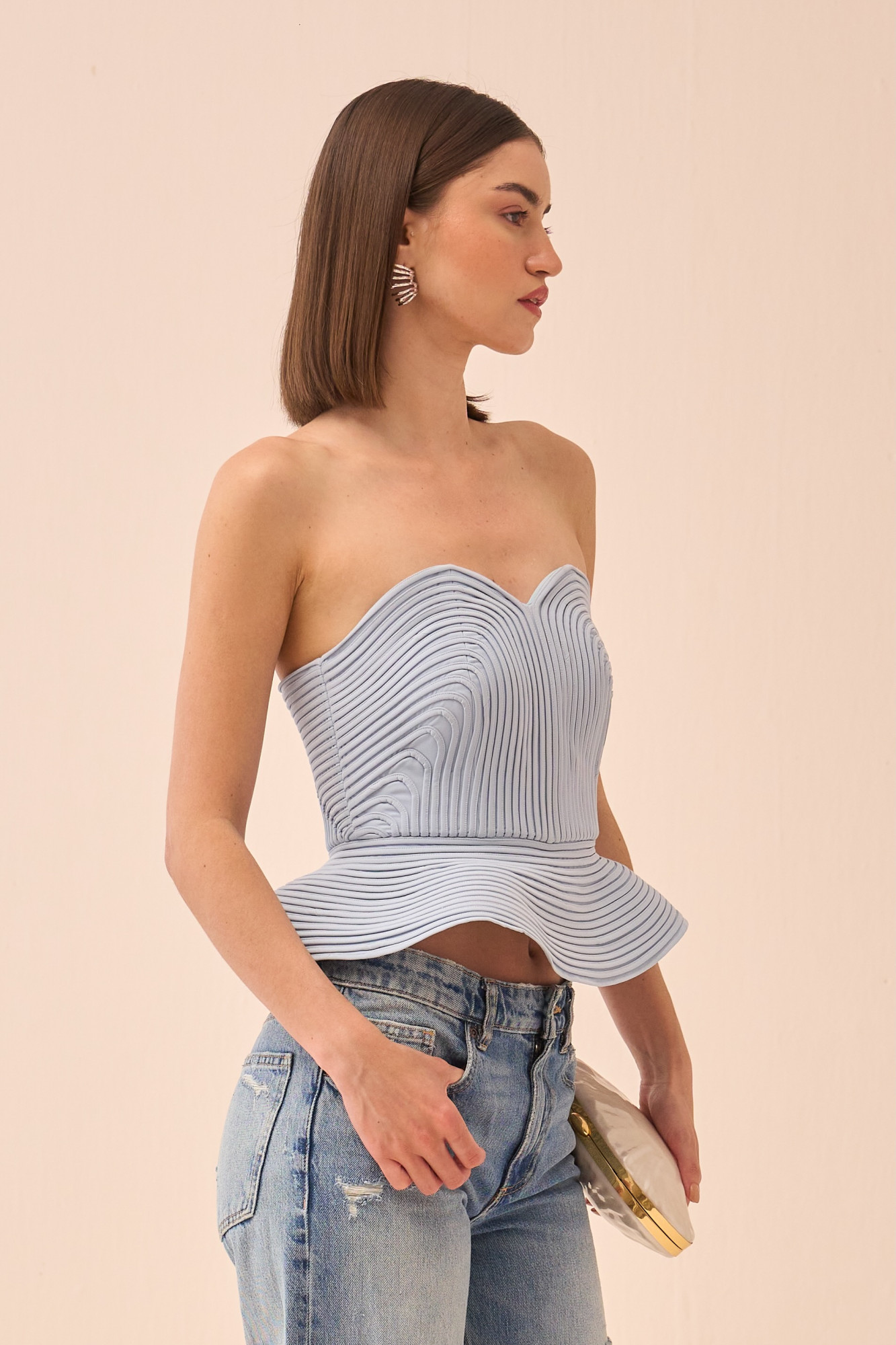 CASABLANCA POWDER BLUE COLOUR CORSET WITH SELF FABRIC PIPING DETAILING