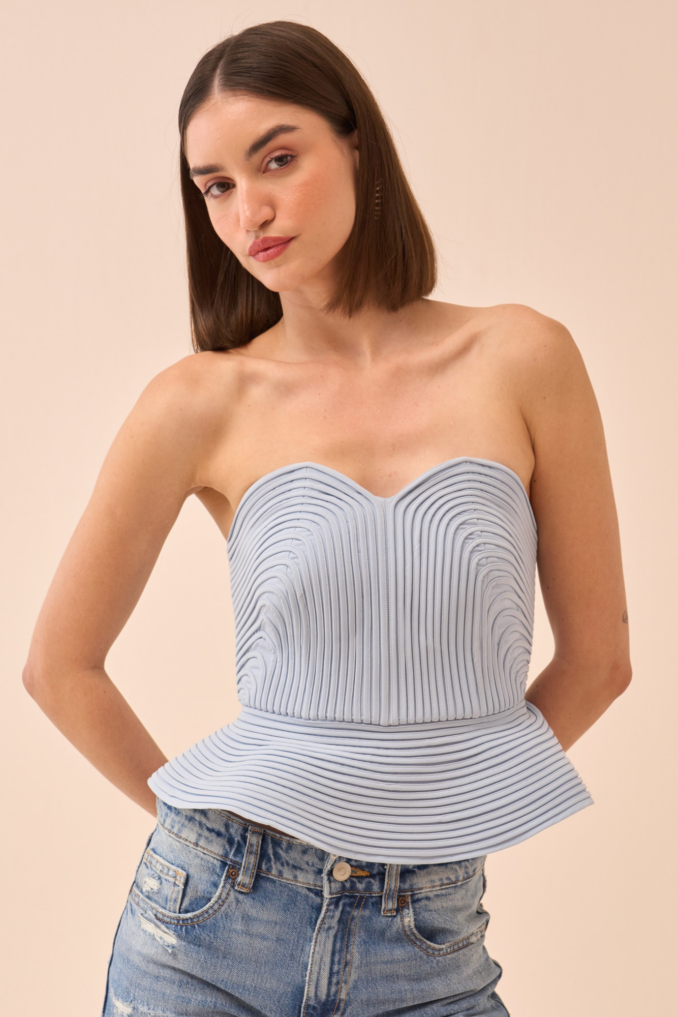 CASABLANCA POWDER BLUE COLOUR CORSET WITH SELF FABRIC PIPING DETAILING