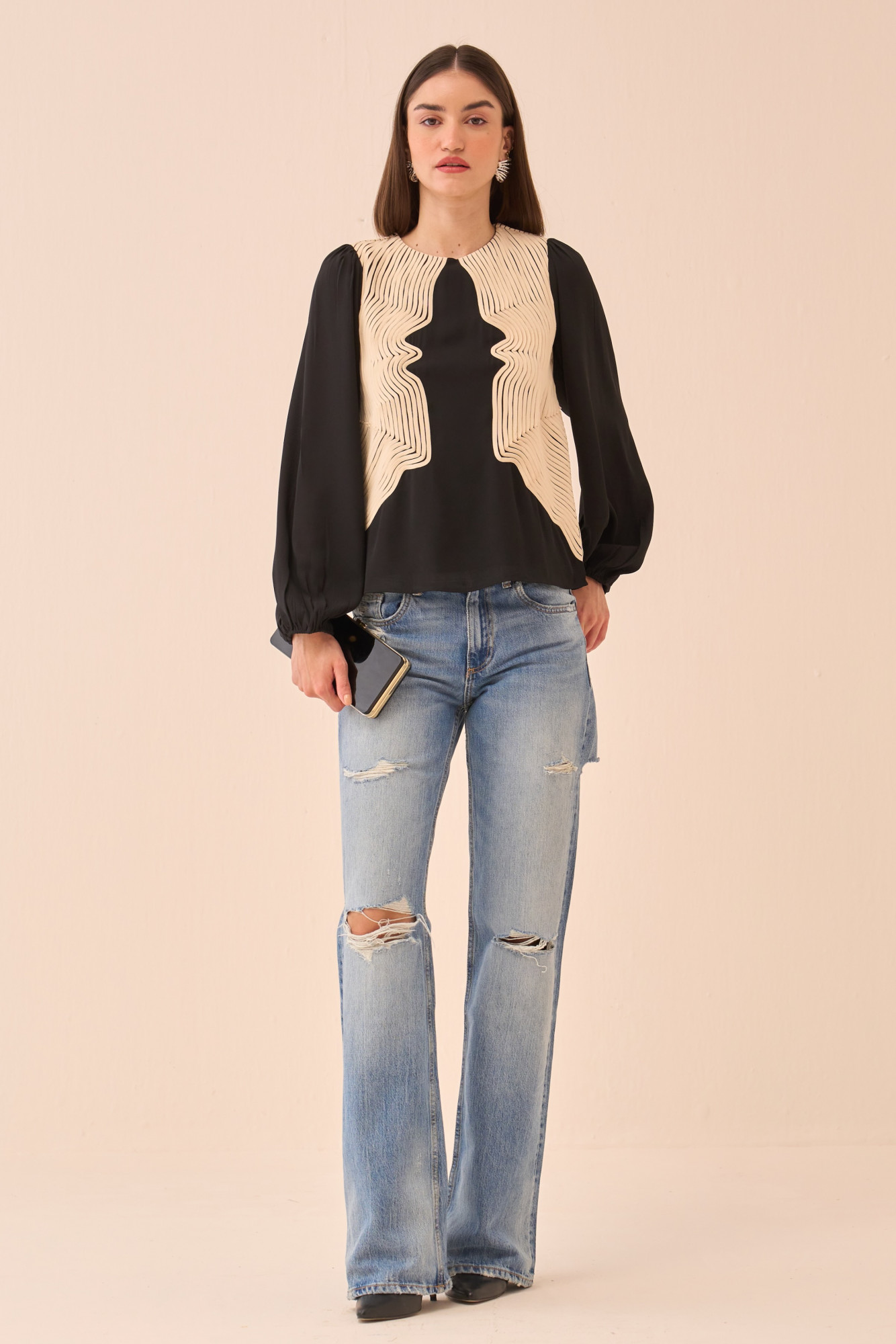 CASABLANCA BLACK COLOUR TOP WITH FULL LENGTH SLEEVES AND CREAM COLOUR PIPING DETAILING