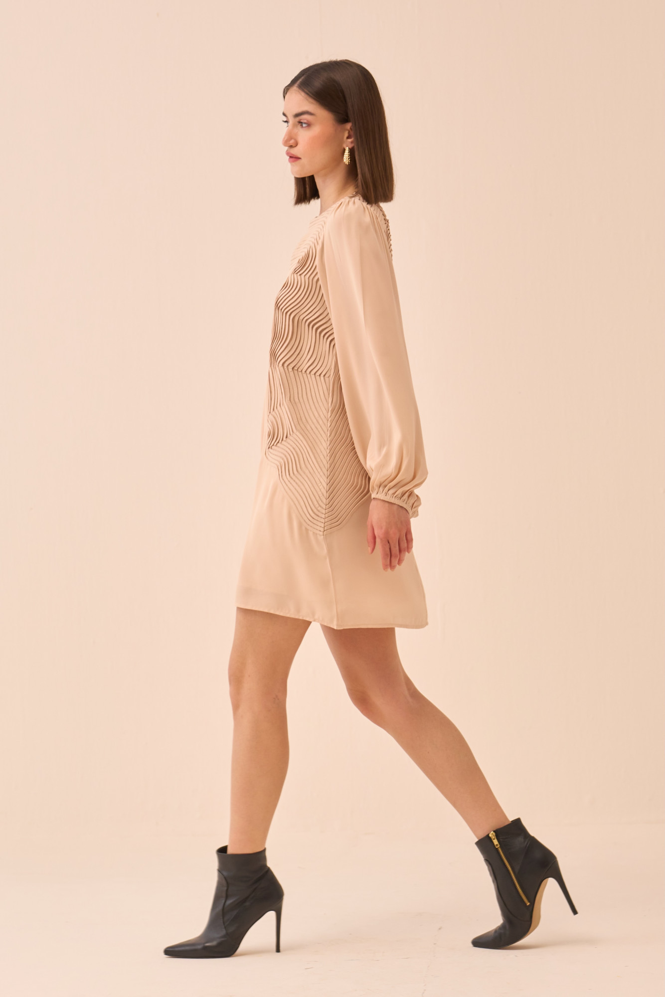 CASABLANCA ECRU COLOUR KNEE FULL SLEEVES DRESS WITH SELF FABRIC PIPING DETAILING