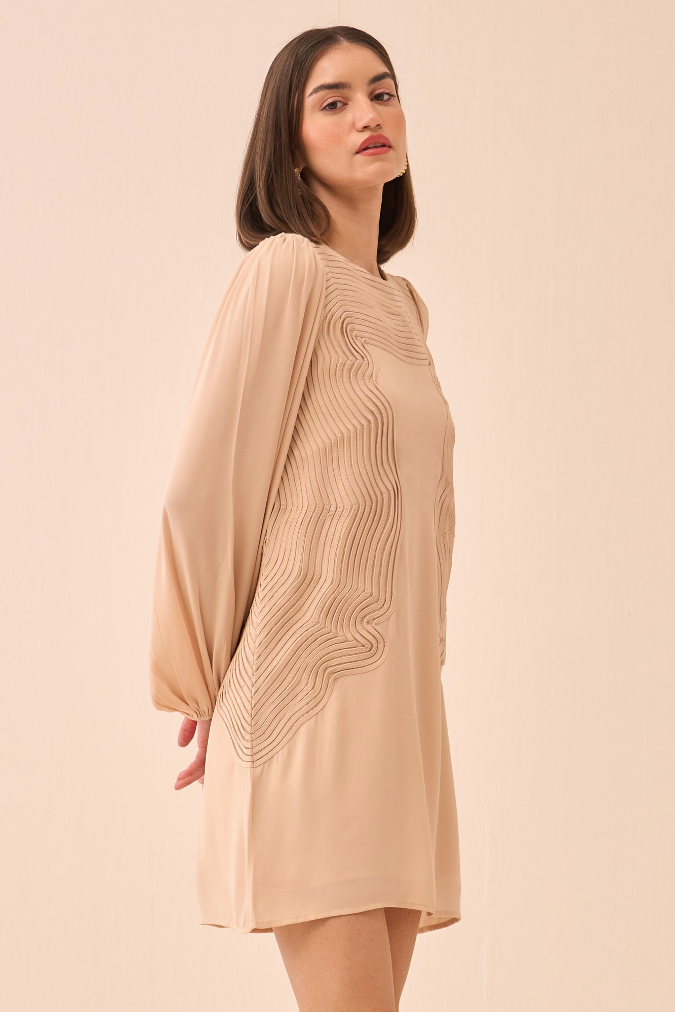 CASABLANCA ECRU COLOUR KNEE FULL SLEEVES DRESS WITH SELF FABRIC PIPING DETAILING