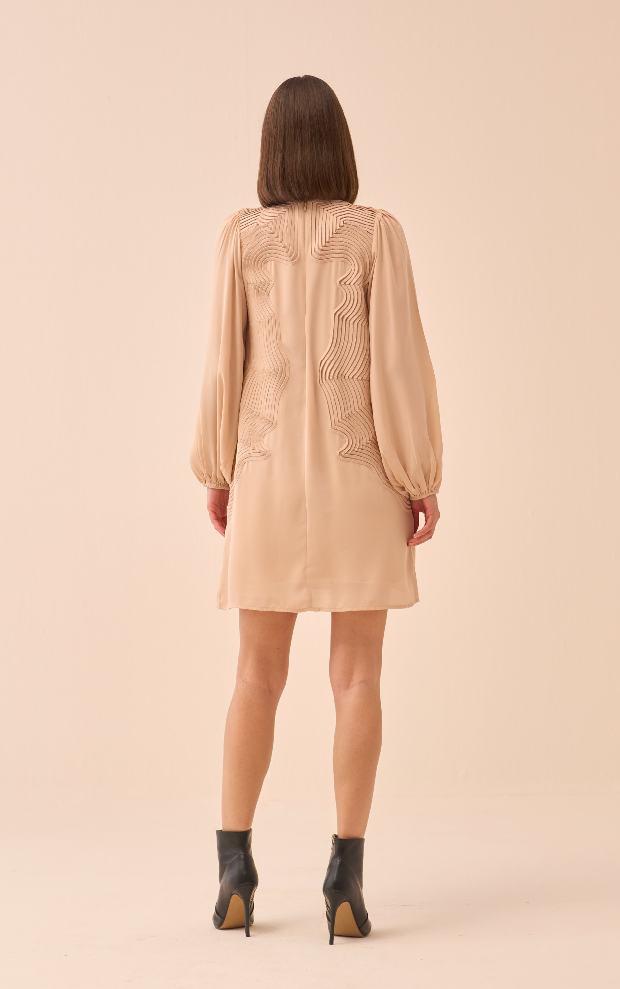 CASABLANCA ECRU COLOUR KNEE FULL SLEEVES DRESS WITH SELF FABRIC PIPING DETAILING