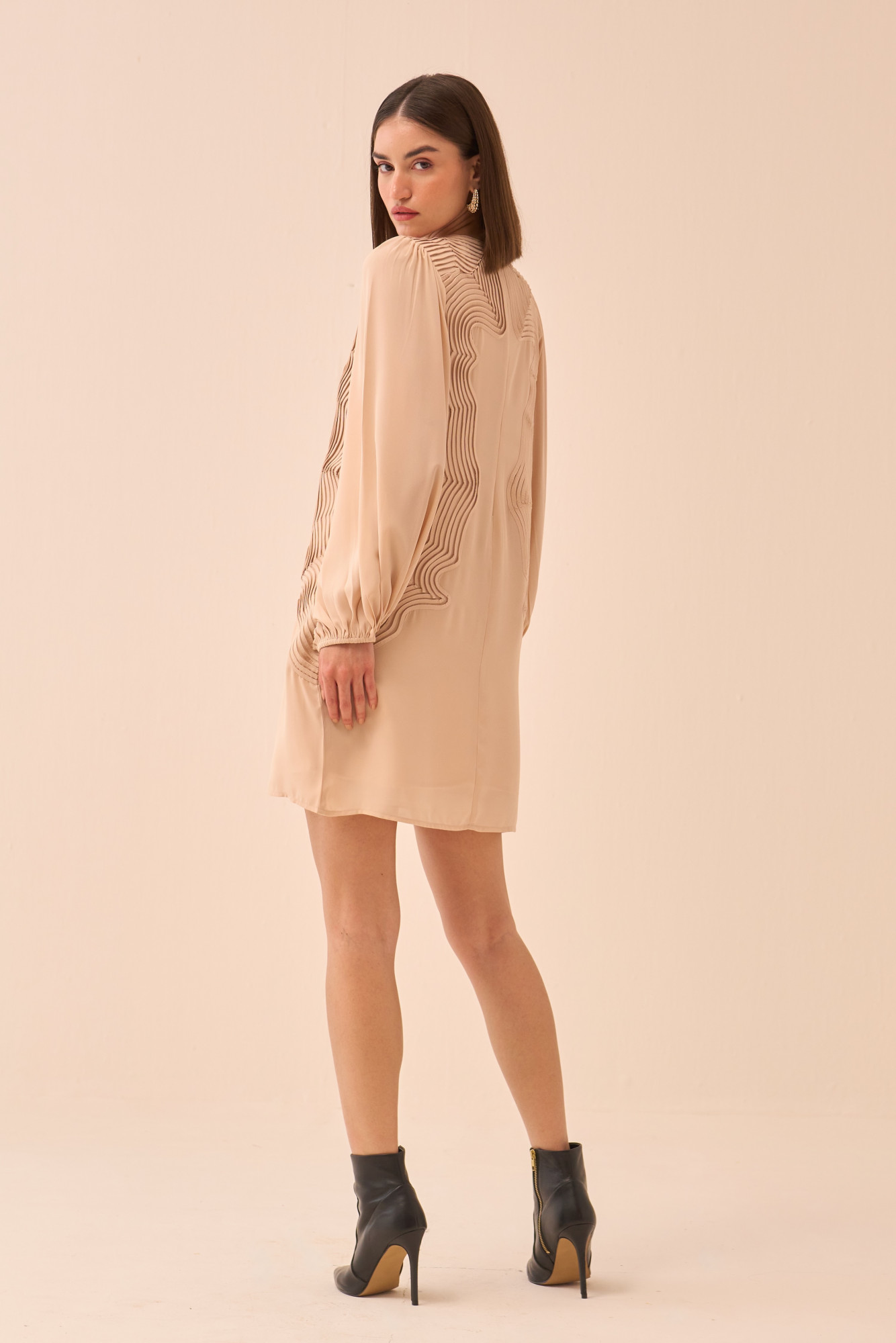 CASABLANCA ECRU COLOUR KNEE FULL SLEEVES DRESS WITH SELF FABRIC PIPING DETAILING