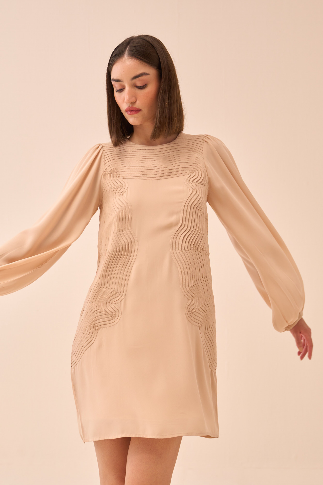 CASABLANCA ECRU COLOUR KNEE FULL SLEEVES DRESS WITH SELF FABRIC PIPING DETAILING
