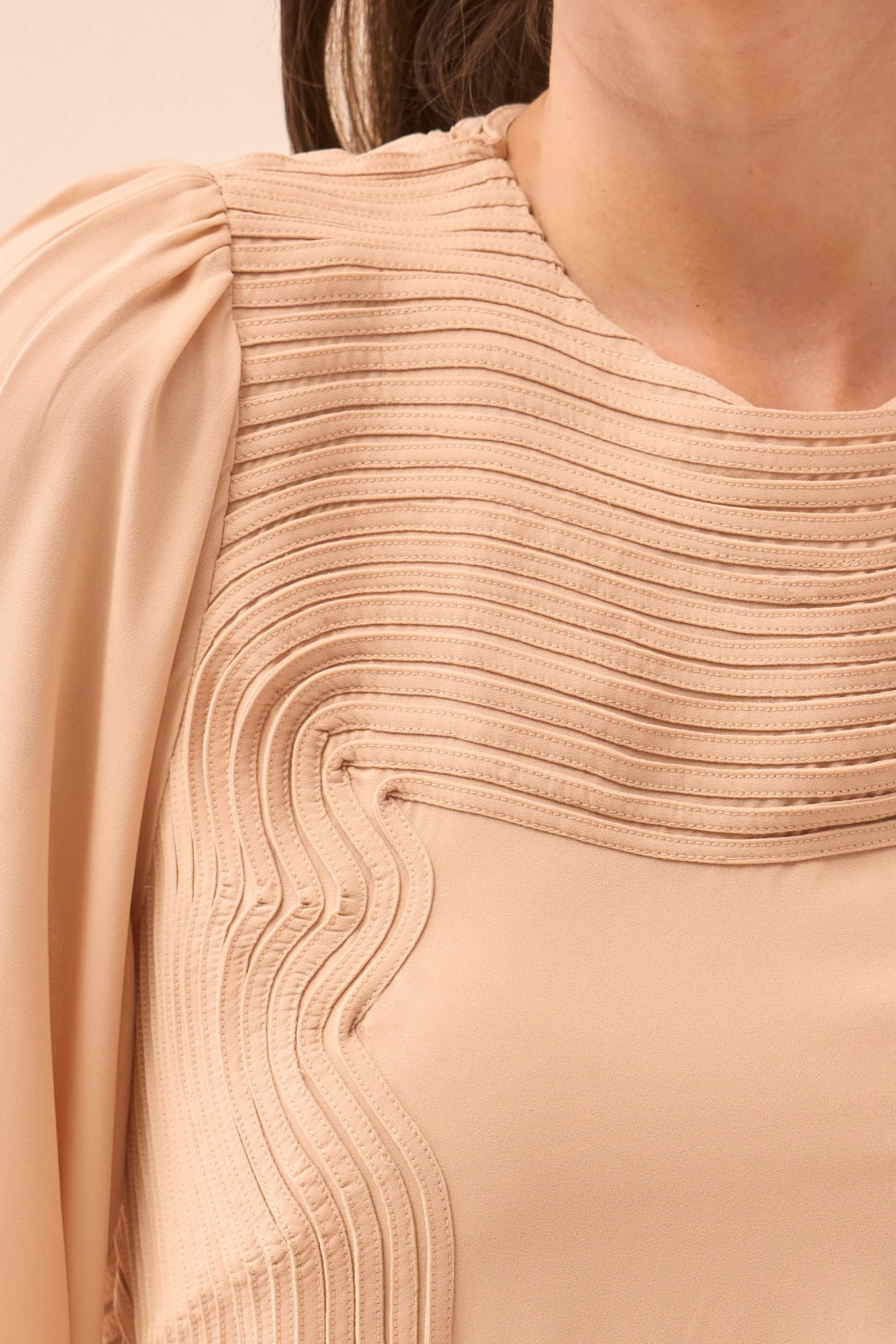 CASABLANCA ECRU COLOUR KNEE FULL SLEEVES DRESS WITH SELF FABRIC PIPING DETAILING