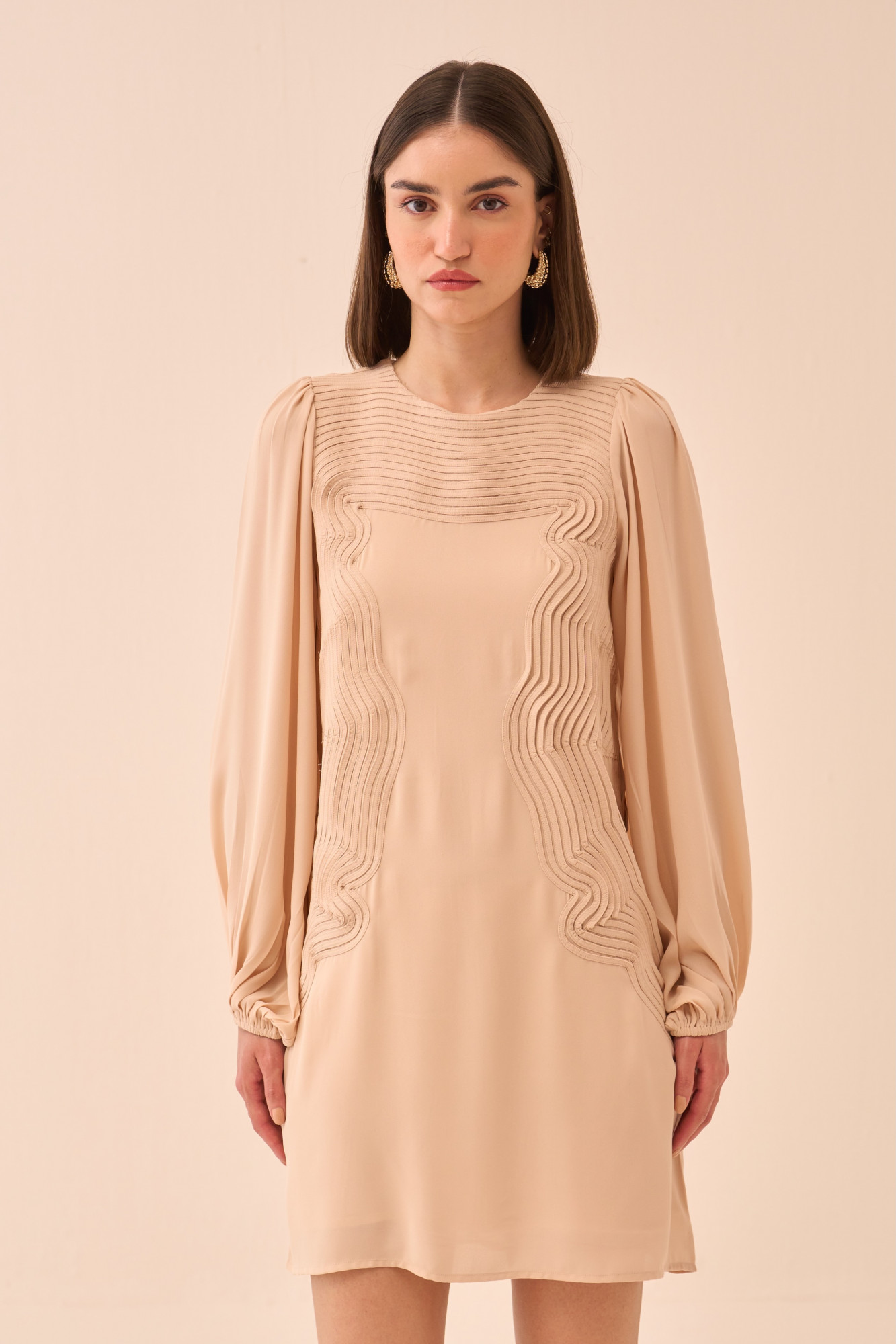 CASABLANCA ECRU COLOUR KNEE FULL SLEEVES DRESS WITH SELF FABRIC PIPING DETAILING