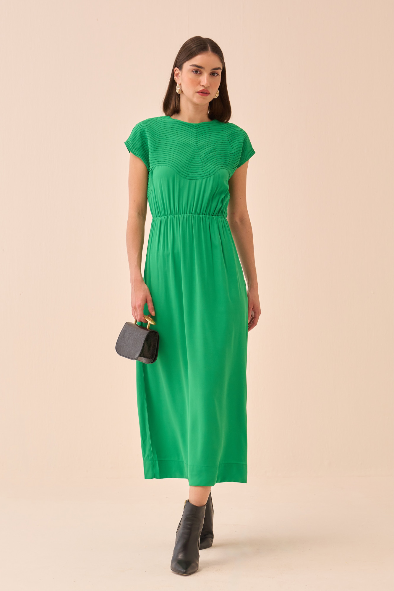 CASABLACNA GREEN COLOUR EXTENDED SHOULDER SLEEVES MIDI LENGTH DRESS WITH SELF FABRIC PIPING DETAIL