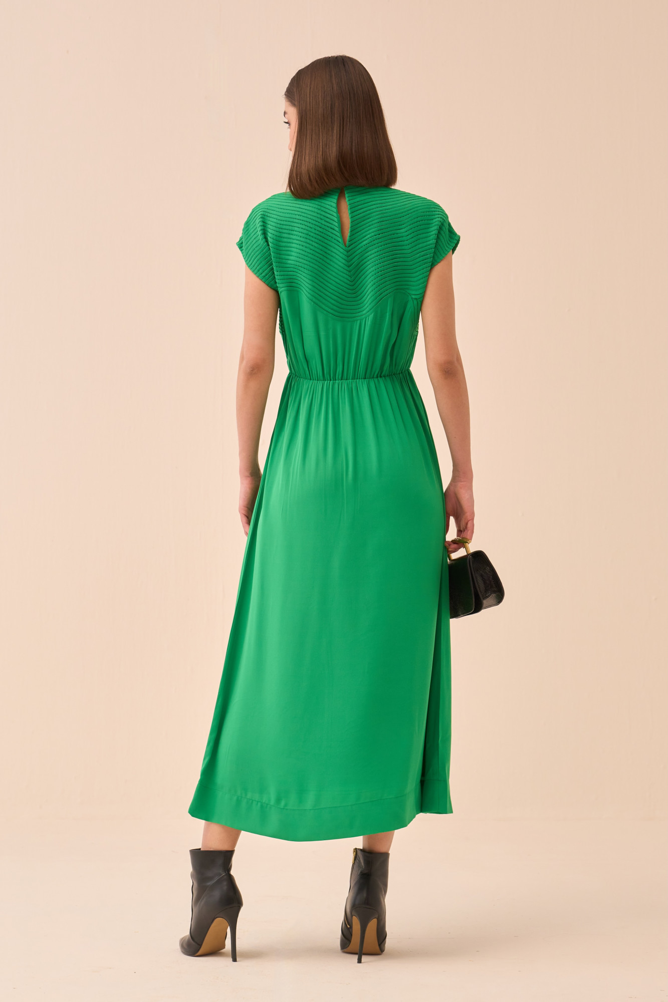CASABLACNA GREEN COLOUR EXTENDED SHOULDER SLEEVES MIDI LENGTH DRESS WITH SELF FABRIC PIPING DETAIL