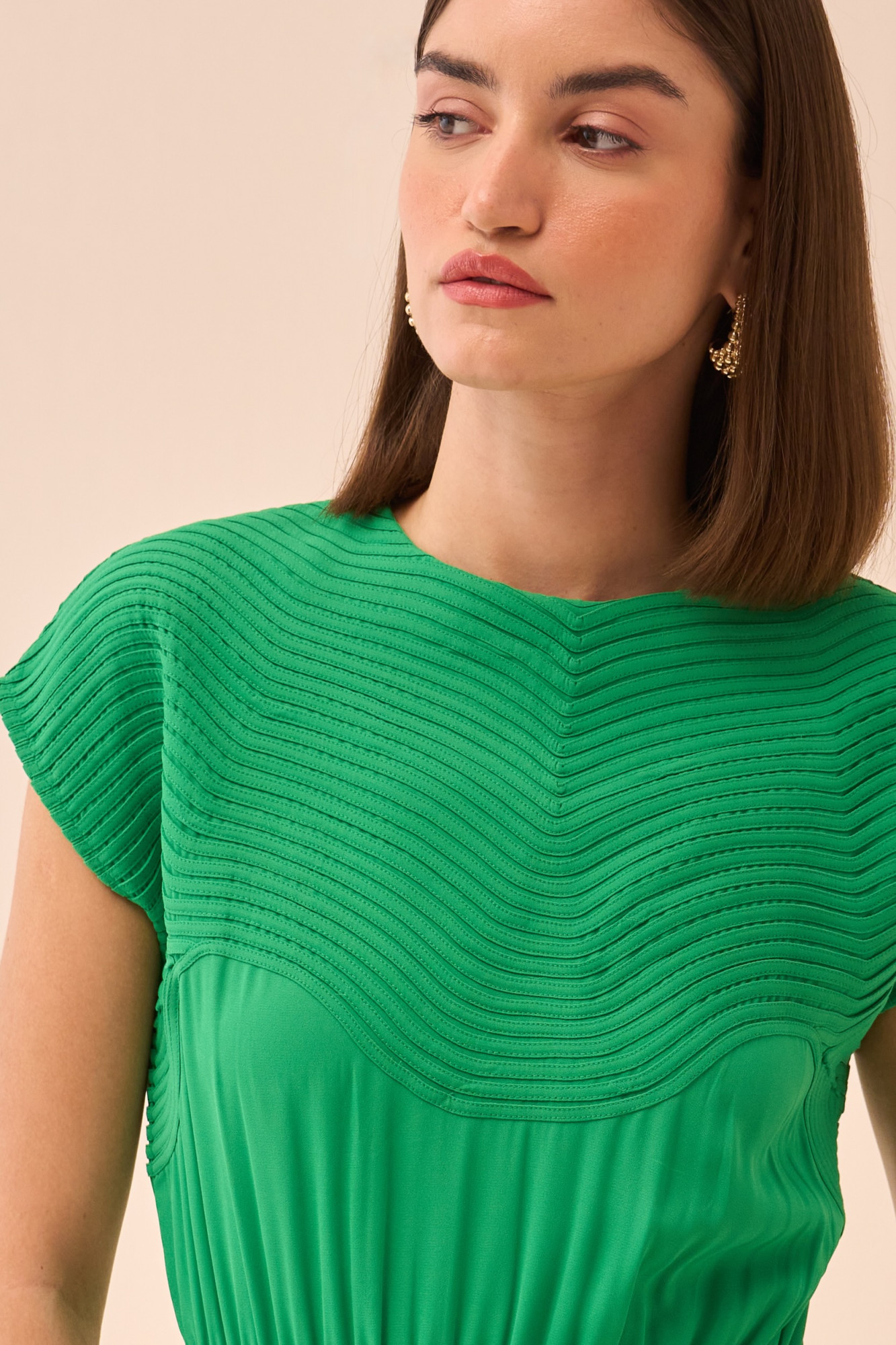 CASABLACNA GREEN COLOUR EXTENDED SHOULDER SLEEVES MIDI LENGTH DRESS WITH SELF FABRIC PIPING DETAIL