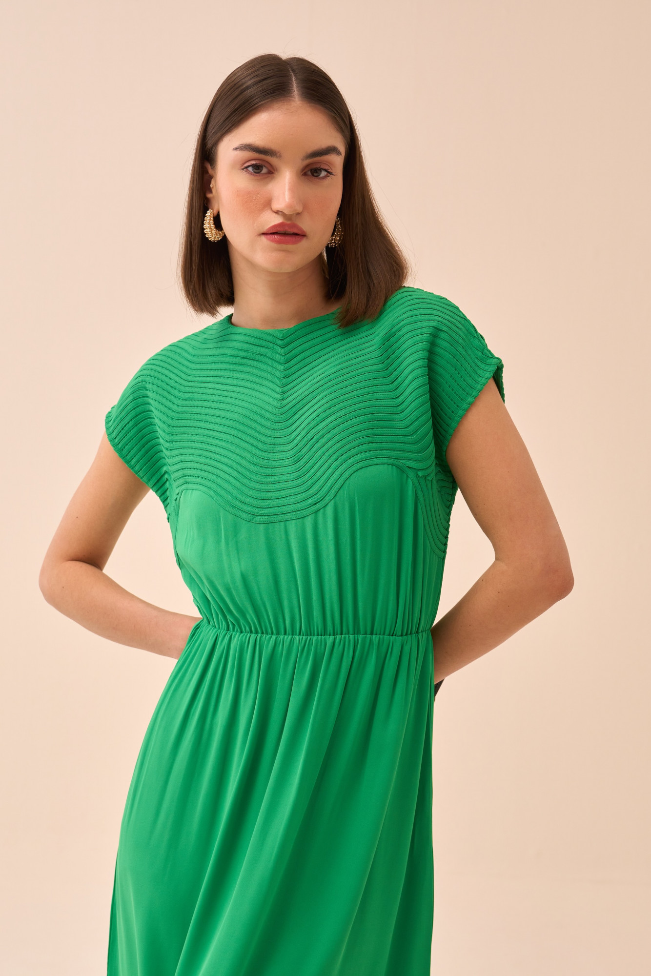 CASABLACNA GREEN COLOUR EXTENDED SHOULDER SLEEVES MIDI LENGTH DRESS WITH SELF FABRIC PIPING DETAIL