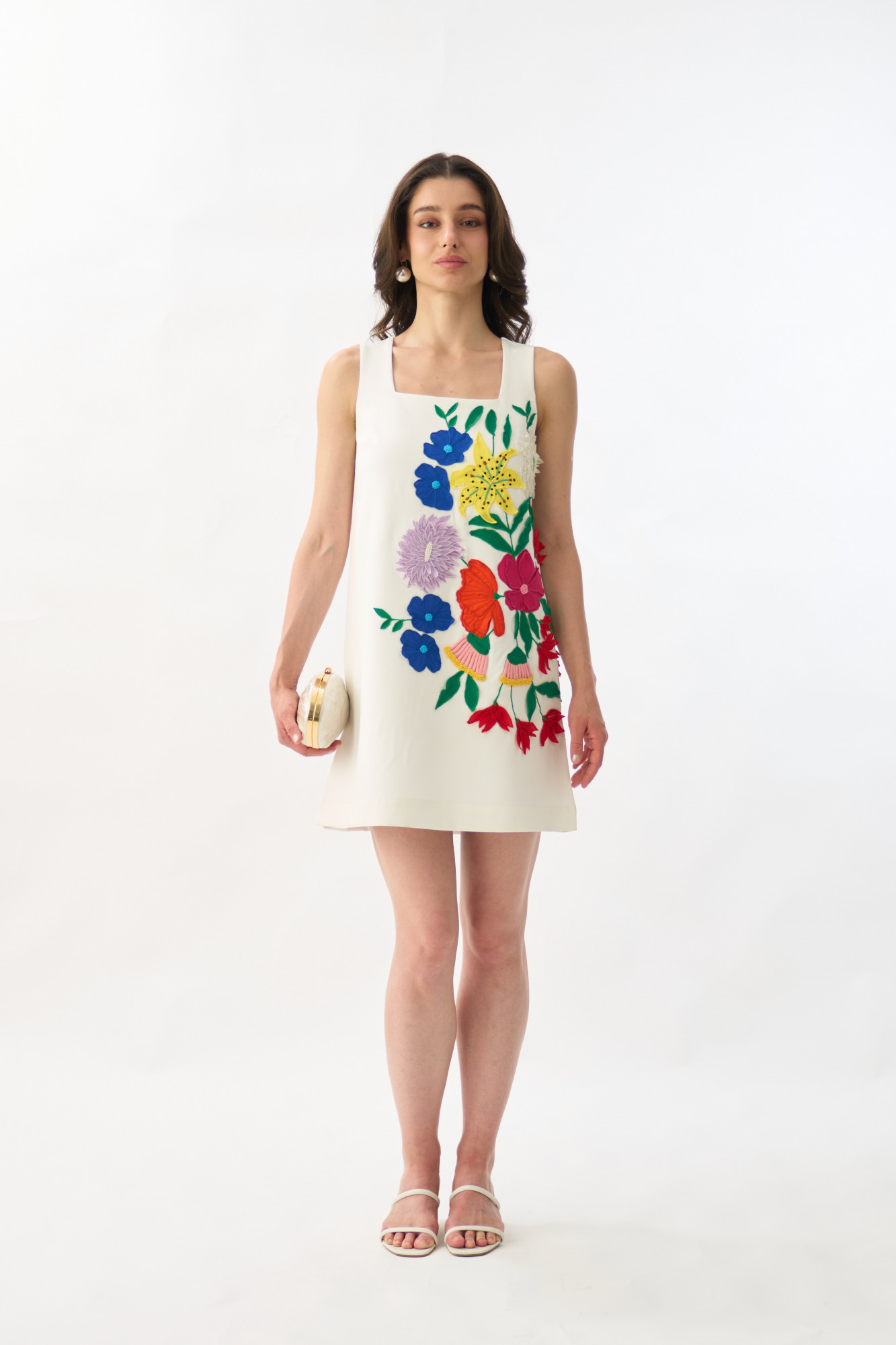 GARDEN OF SICILIA WHITE COLOR SHIFT DRESS WITH MULTI COLOR FLORAL DELICATE EMBROIDERY