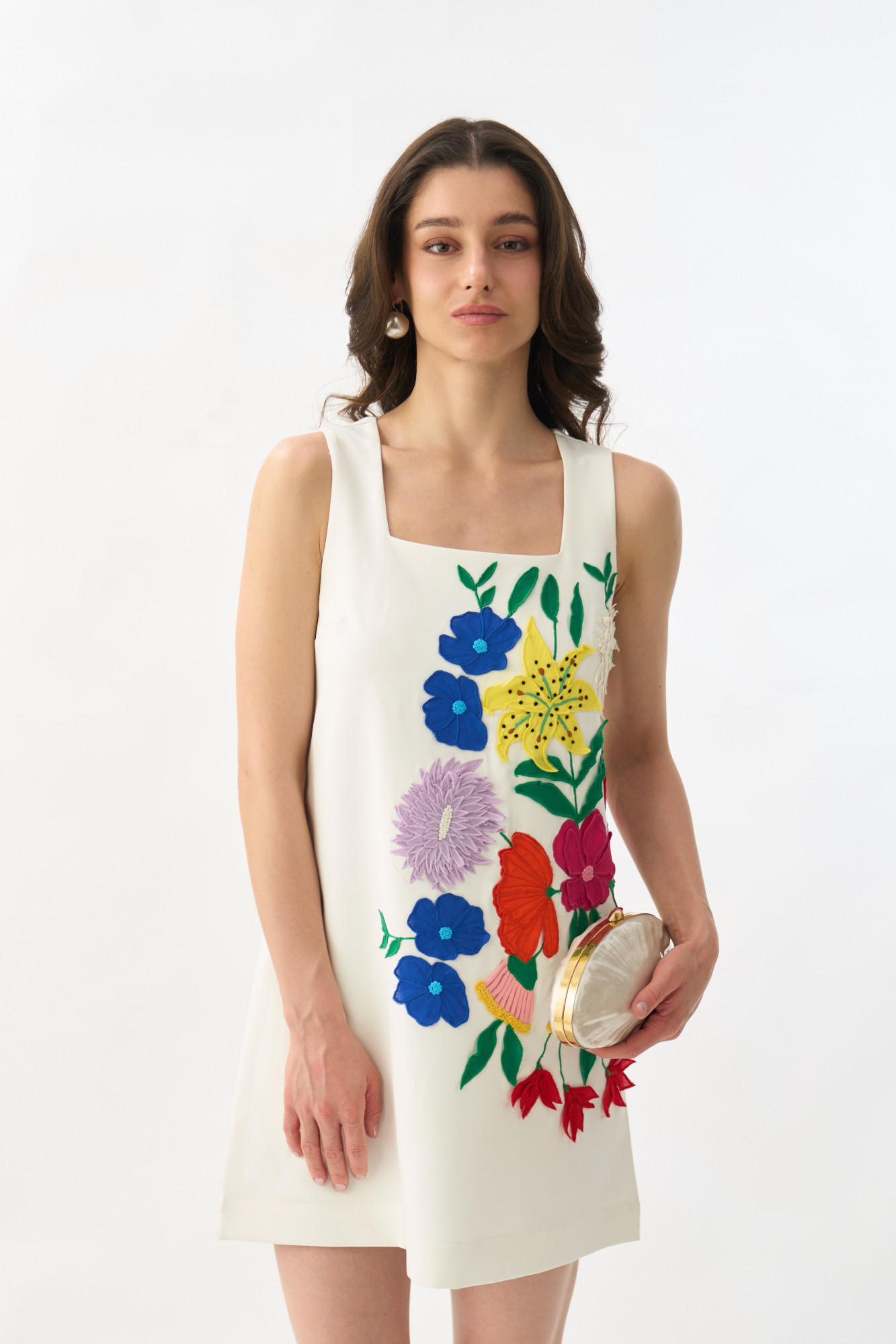 GARDEN OF SICILIA WHITE COLOR SHIFT DRESS WITH MULTI COLOR FLORAL DELICATE EMBROIDERY