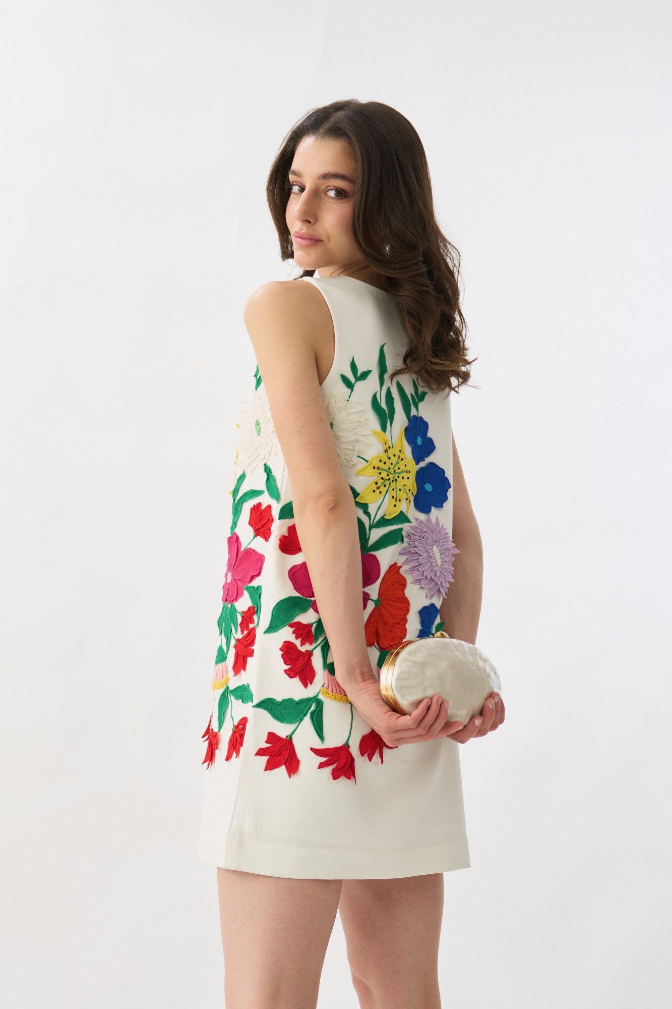 GARDEN OF SICILIA WHITE COLOR SHIFT DRESS WITH MULTI COLOR FLORAL DELICATE EMBROIDERY