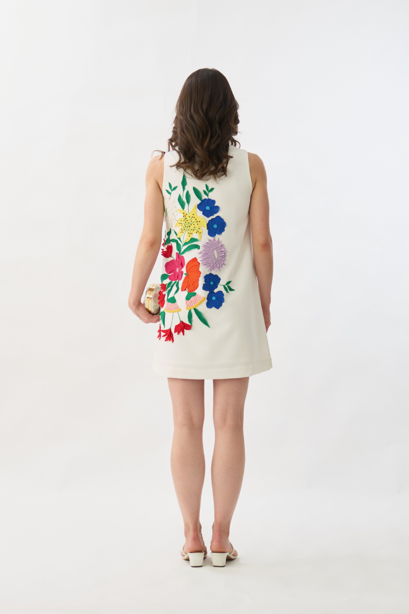 GARDEN OF SICILIA WHITE COLOR SHIFT DRESS WITH MULTI COLOR FLORAL DELICATE EMBROIDERY