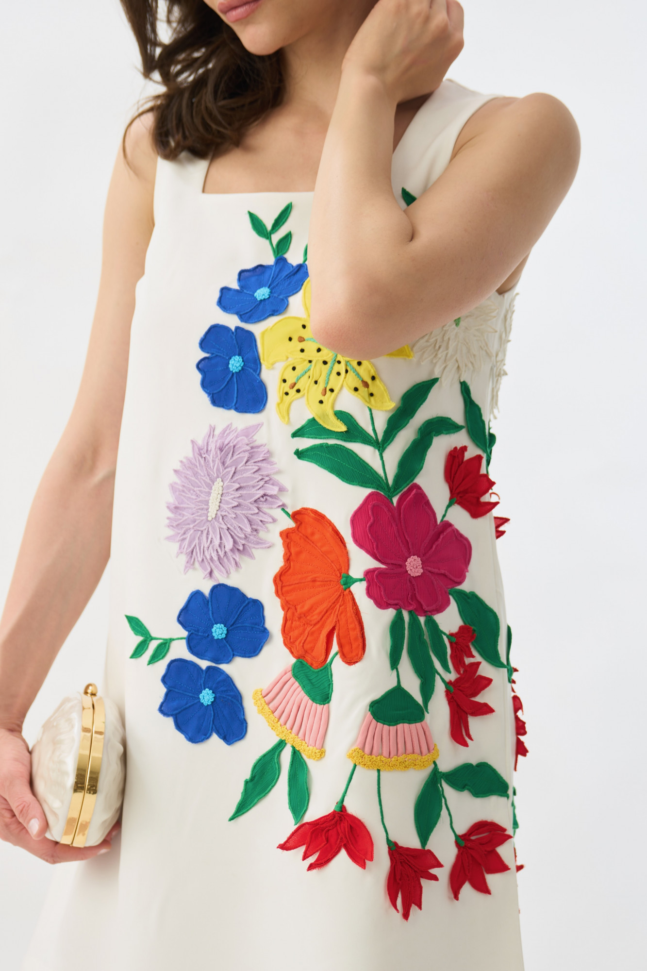 GARDEN OF SICILIA WHITE COLOR SHIFT DRESS WITH MULTI COLOR FLORAL DELICATE EMBROIDERY
