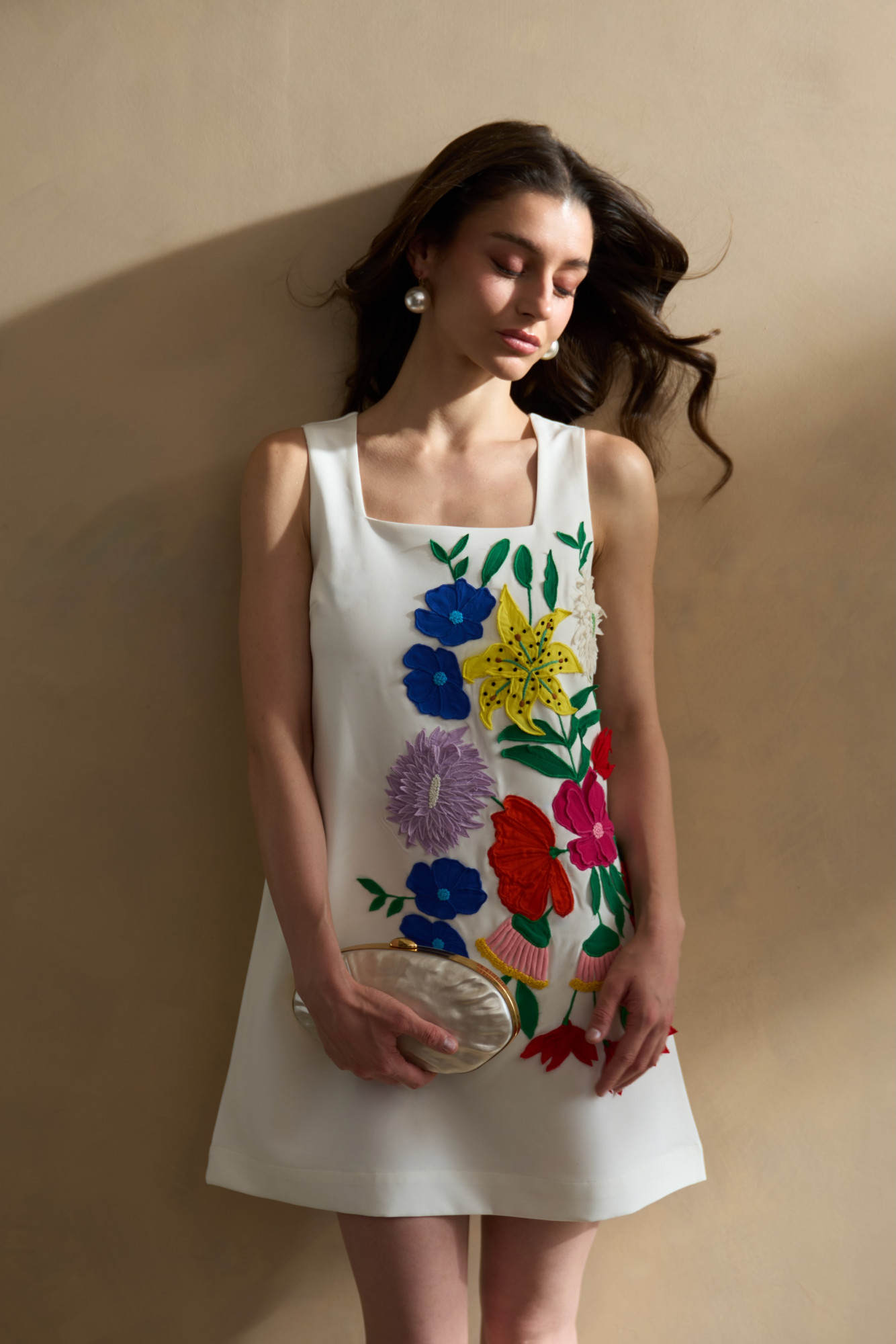 GARDEN OF SICILIA WHITE COLOR SHIFT DRESS WITH MULTI COLOR FLORAL DELICATE EMBROIDERY