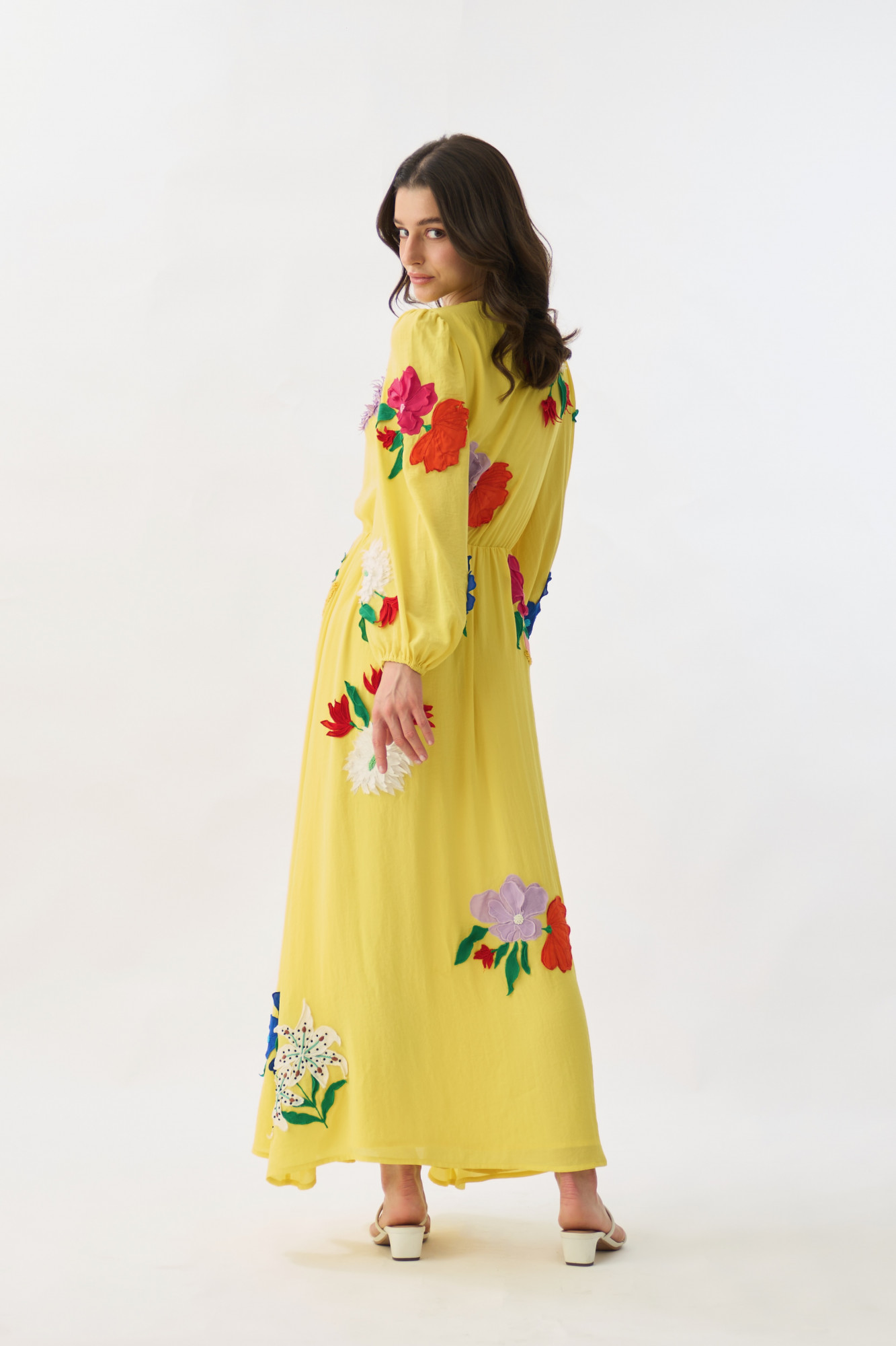 GARDEN OF SICILIA YELLOW COLOR MAXI DRESS WITH DELICATE MULTI COLOR FLORAL EMBROIDERY ALL OVER