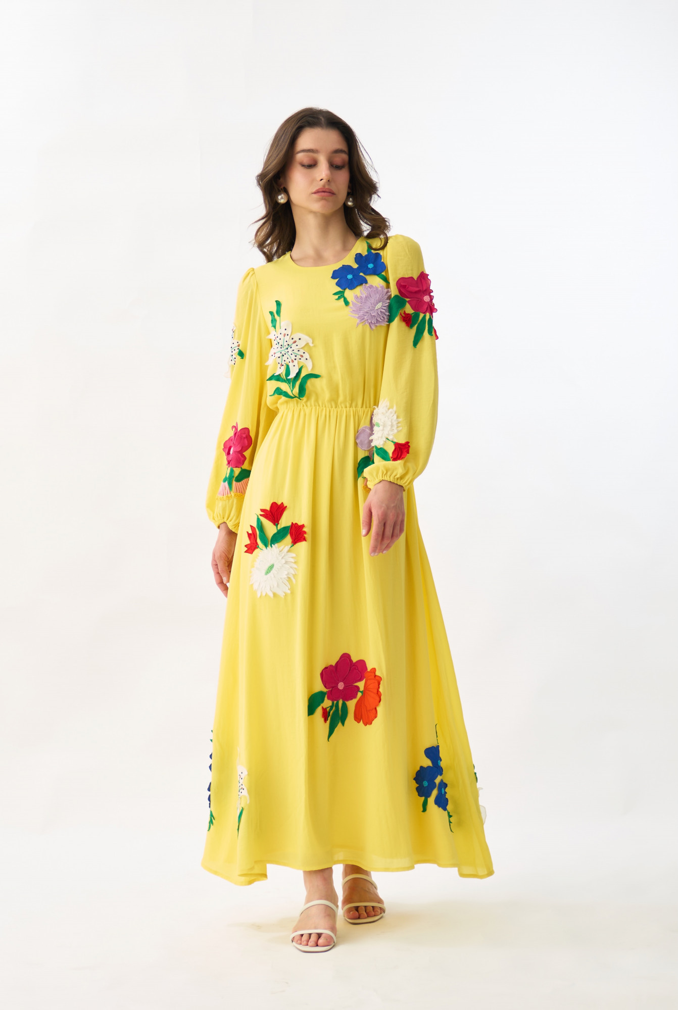GARDEN OF SICILIA YELLOW COLOR MAXI DRESS WITH DELICATE MULTI COLOR FLORAL EMBROIDERY ALL OVER