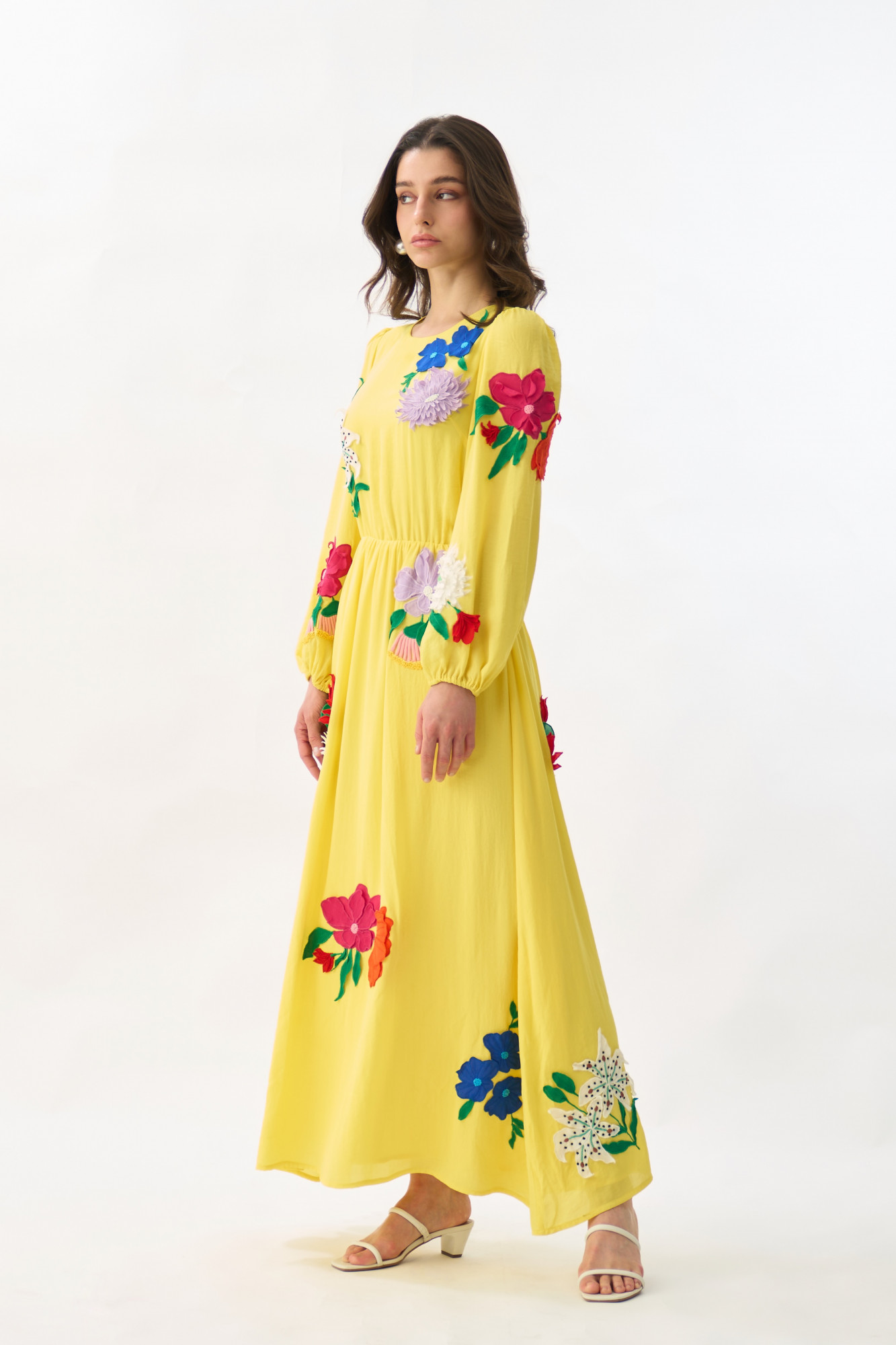 GARDEN OF SICILIA YELLOW COLOR MAXI DRESS WITH DELICATE MULTI COLOR FLORAL EMBROIDERY ALL OVER
