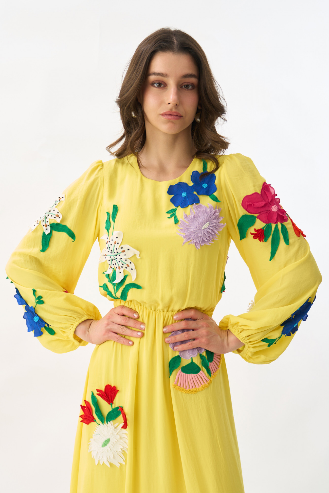 GARDEN OF SICILIA YELLOW COLOR MAXI DRESS WITH DELICATE MULTI COLOR FLORAL EMBROIDERY ALL OVER