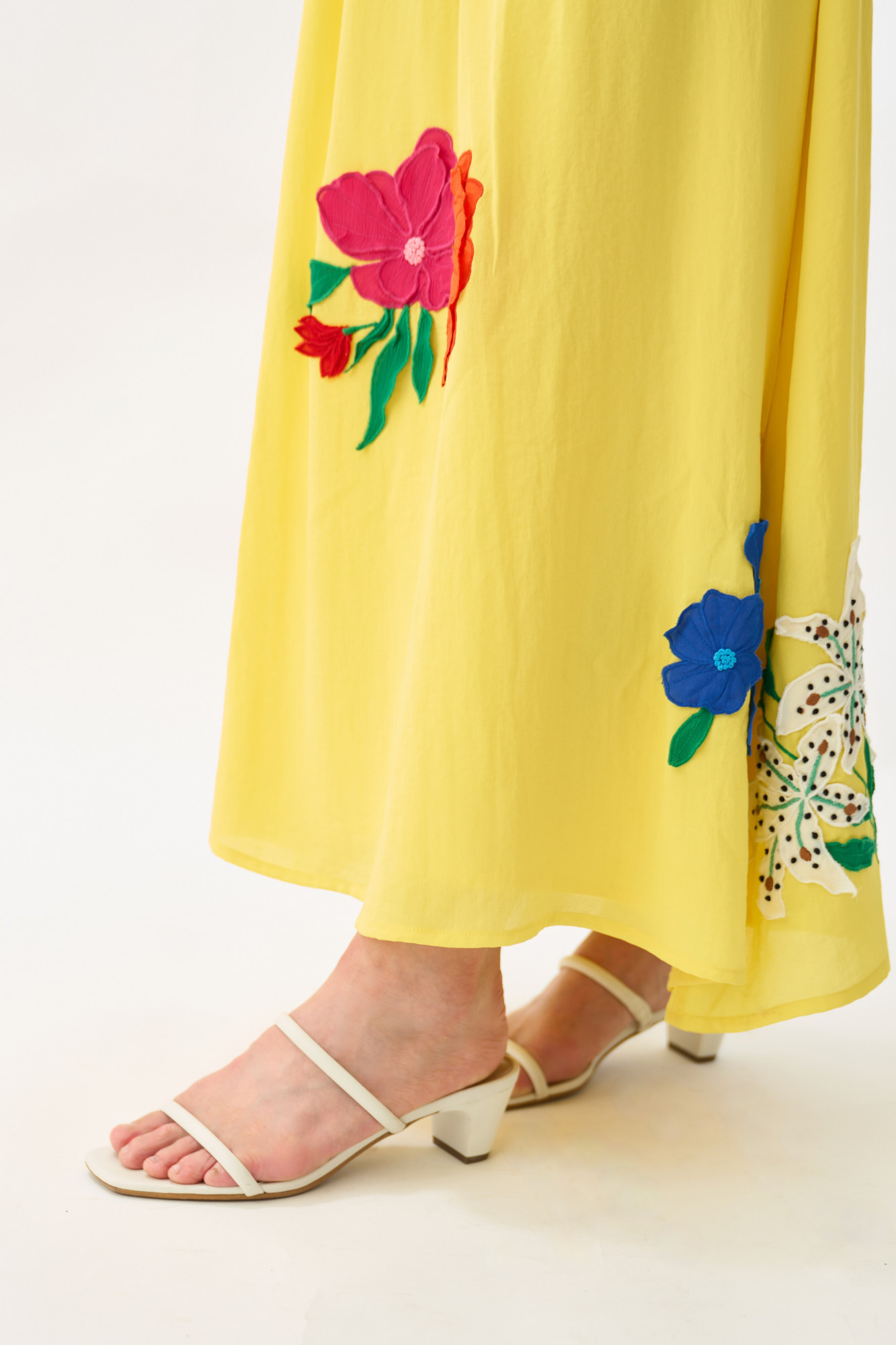 GARDEN OF SICILIA YELLOW COLOR MAXI DRESS WITH DELICATE MULTI COLOR FLORAL EMBROIDERY ALL OVER