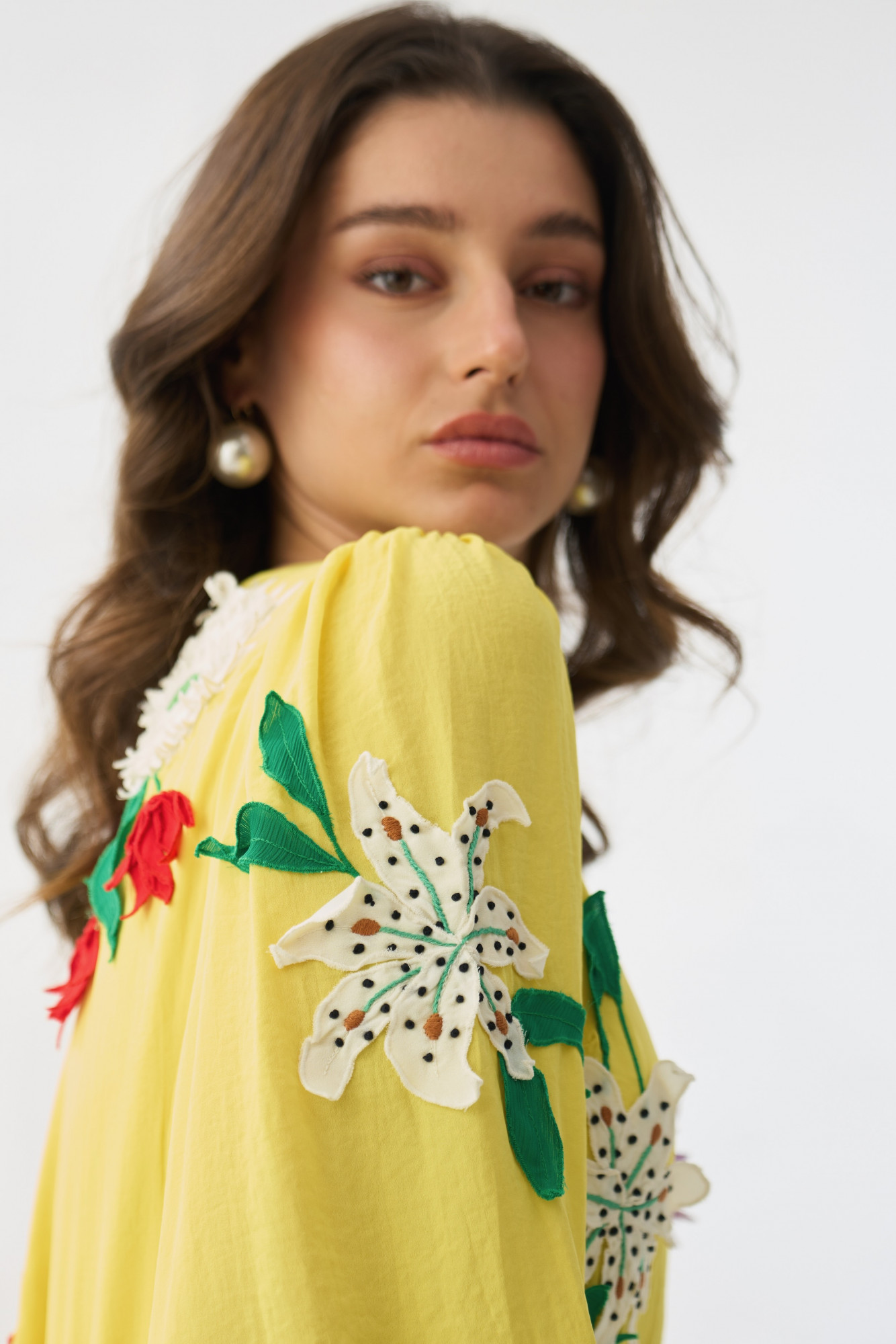 GARDEN OF SICILIA YELLOW COLOR MAXI DRESS WITH DELICATE MULTI COLOR FLORAL EMBROIDERY ALL OVER