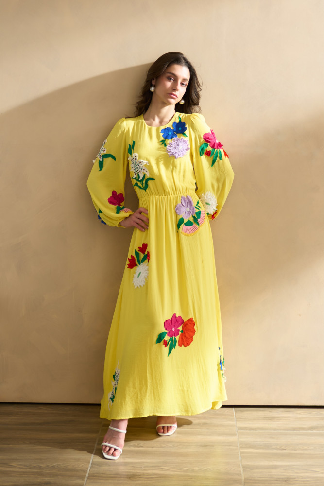 Image of GARDEN OF SICILIA YELLOW COLOR MAXI DRESS WITH DELICATE MULTI COLOR FLORAL EMBROIDERY ALL OVER