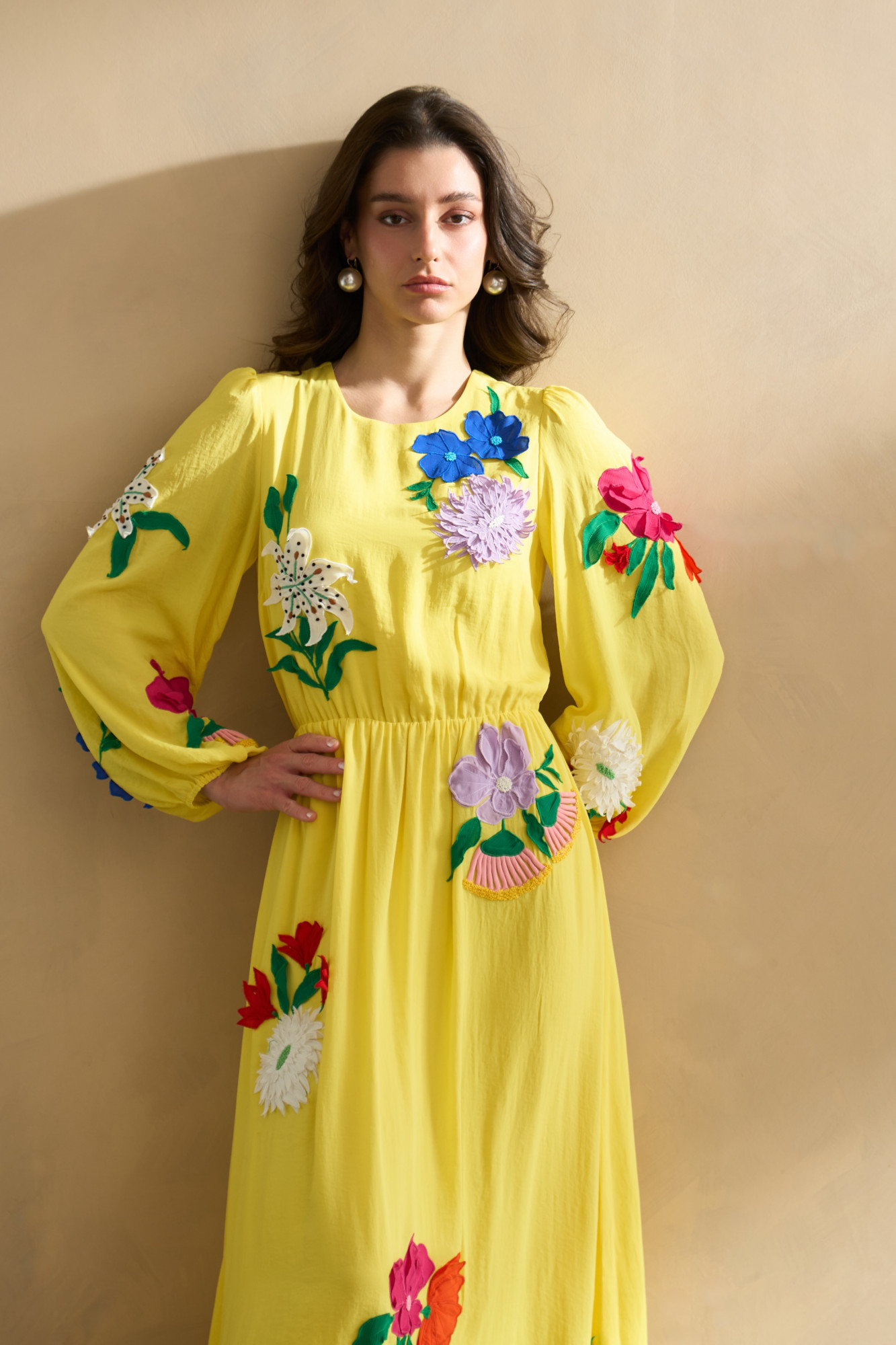 GARDEN OF SICILIA YELLOW COLOR MAXI DRESS WITH DELICATE MULTI COLOR FLORAL EMBROIDERY ALL OVER