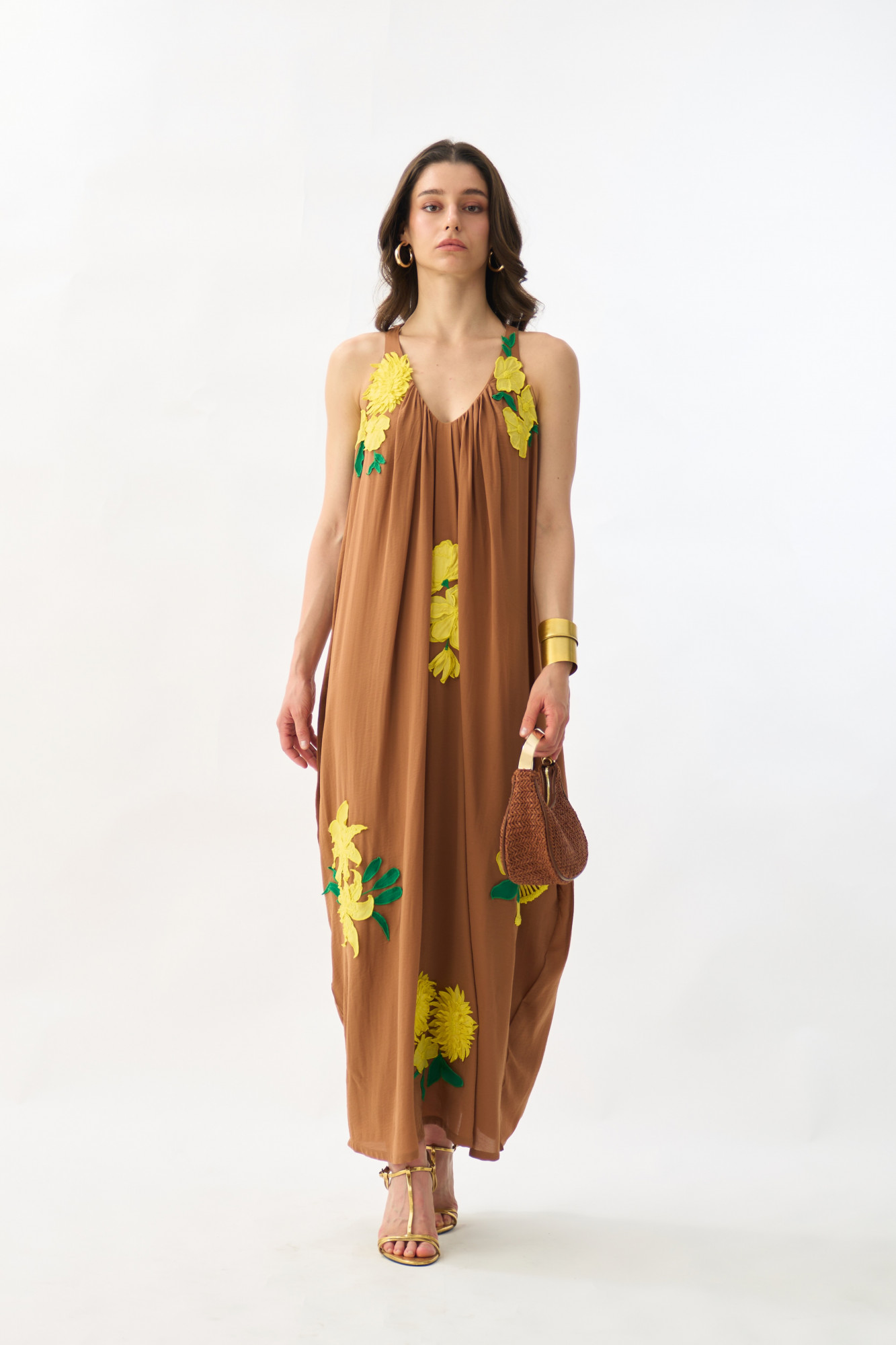 GARDEN OF SICILIA BROWN COLOR ANKLE LENGTH DRESS WITH DELICATE FLORAL EMBROIDERY ALL OVER