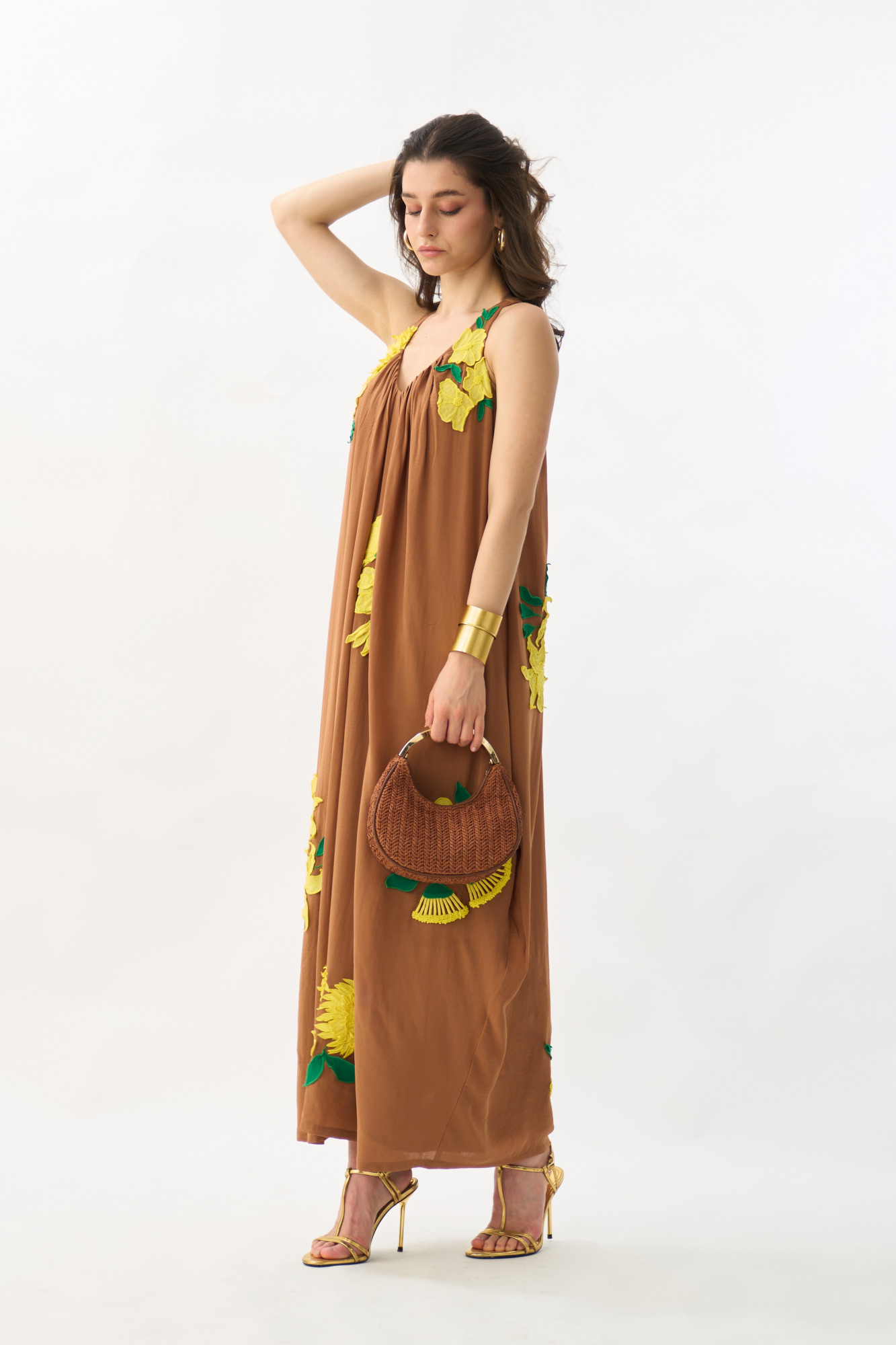 GARDEN OF SICILIA BROWN COLOR ANKLE LENGTH DRESS WITH DELICATE FLORAL EMBROIDERY ALL OVER