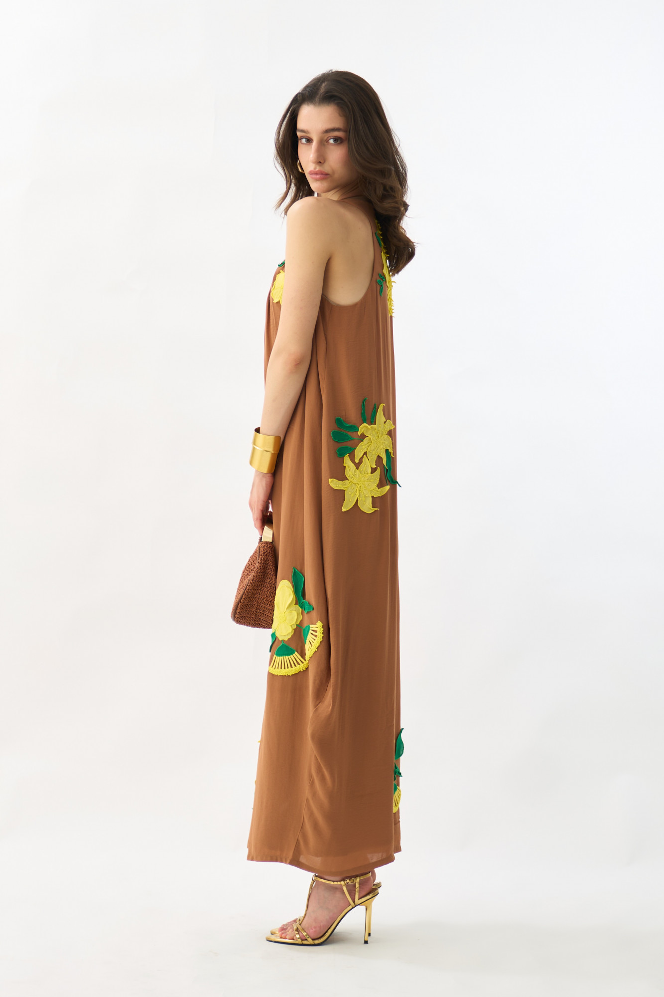 GARDEN OF SICILIA BROWN COLOR ANKLE LENGTH DRESS WITH DELICATE FLORAL EMBROIDERY ALL OVER