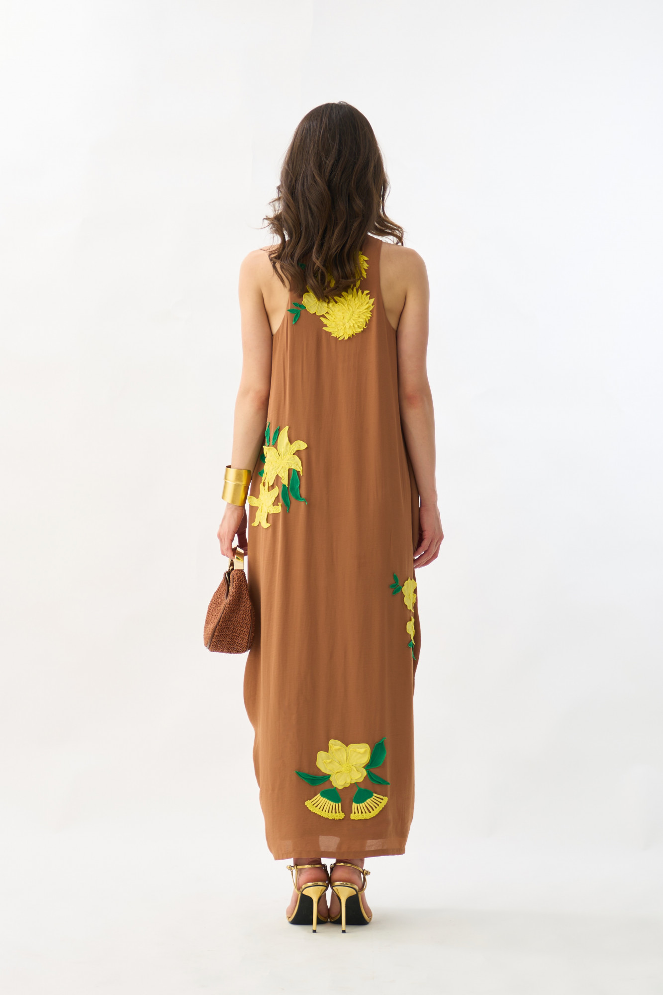 GARDEN OF SICILIA BROWN COLOR ANKLE LENGTH DRESS WITH DELICATE FLORAL EMBROIDERY ALL OVER
