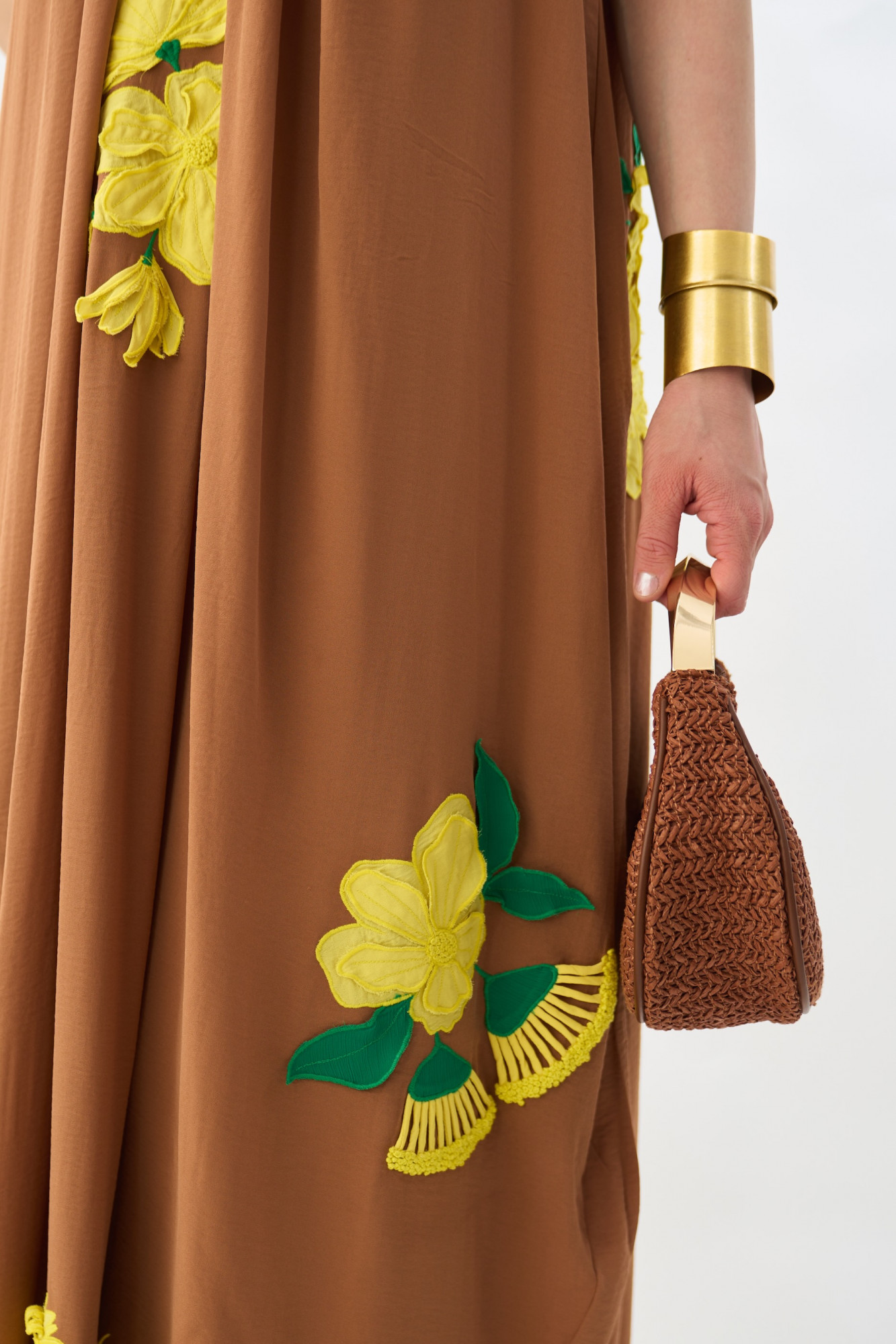 GARDEN OF SICILIA BROWN COLOR ANKLE LENGTH DRESS WITH DELICATE FLORAL EMBROIDERY ALL OVER