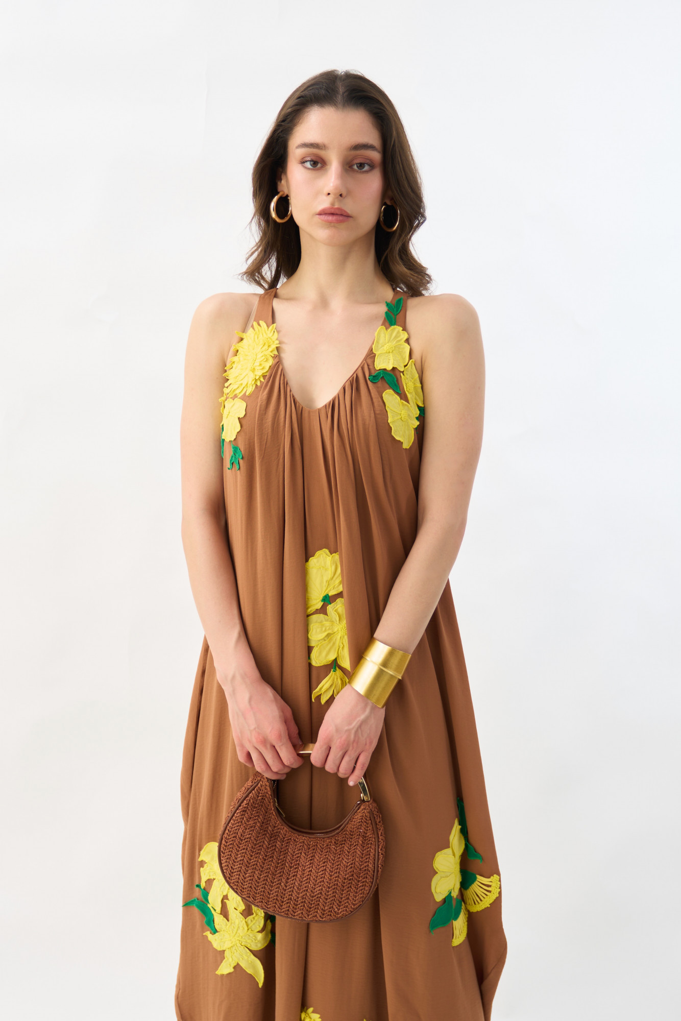 GARDEN OF SICILIA BROWN COLOR ANKLE LENGTH DRESS WITH DELICATE FLORAL EMBROIDERY ALL OVER