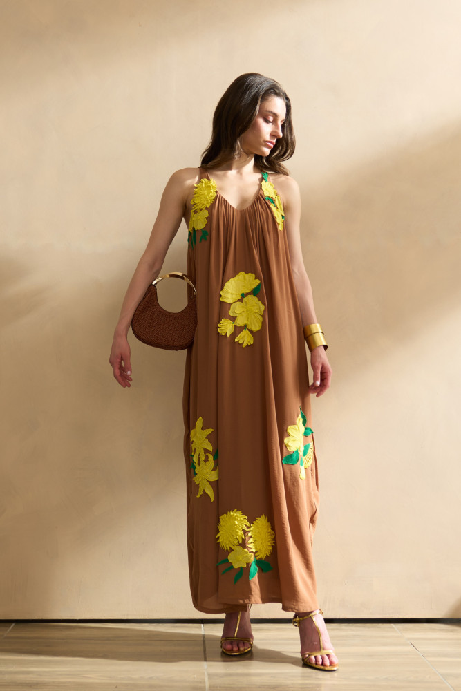 Image of GARDEN OF SICILIA BROWN COLOR ANKLE LENGTH DRESS WITH DELICATE FLORAL EMBROIDERY ALL OVER