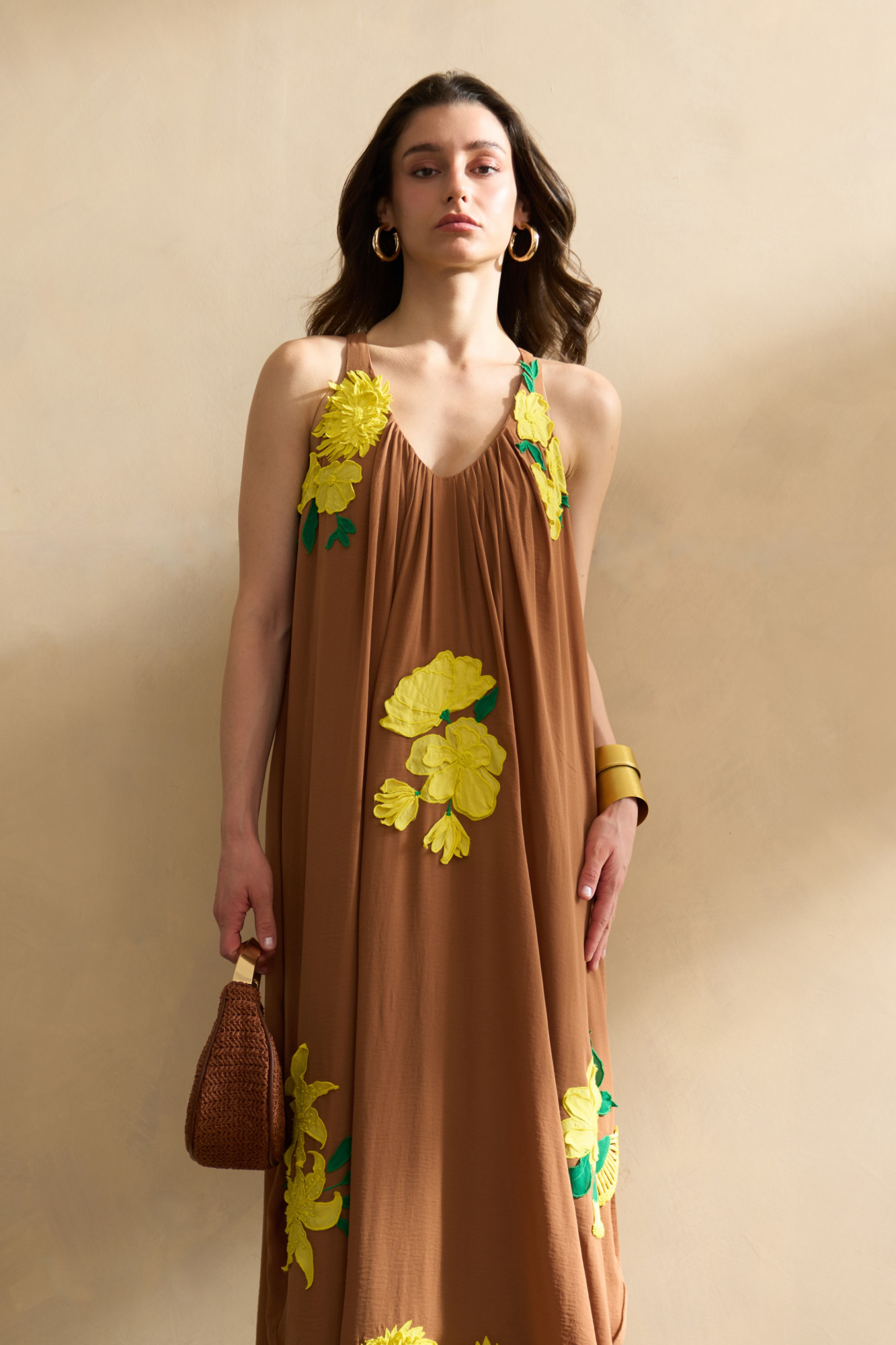 GARDEN OF SICILIA BROWN COLOR ANKLE LENGTH DRESS WITH DELICATE FLORAL EMBROIDERY ALL OVER