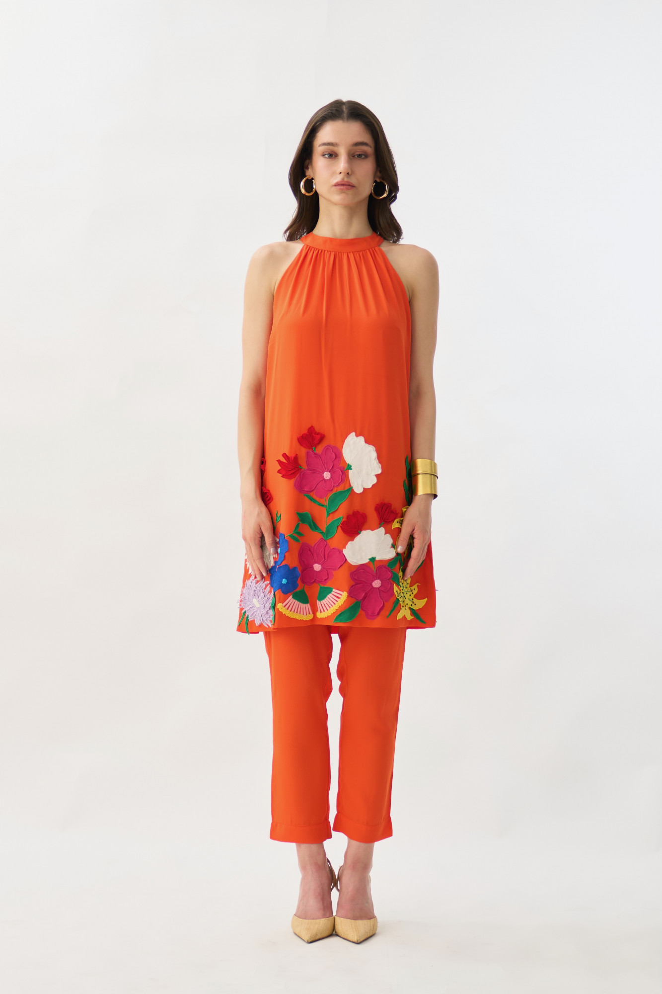 GARDEN OF SICILIA TANGERINE COLOR TUNIC AND PANT CO-ORD SET WITH DELICATE FLORAL EMBROIDERY