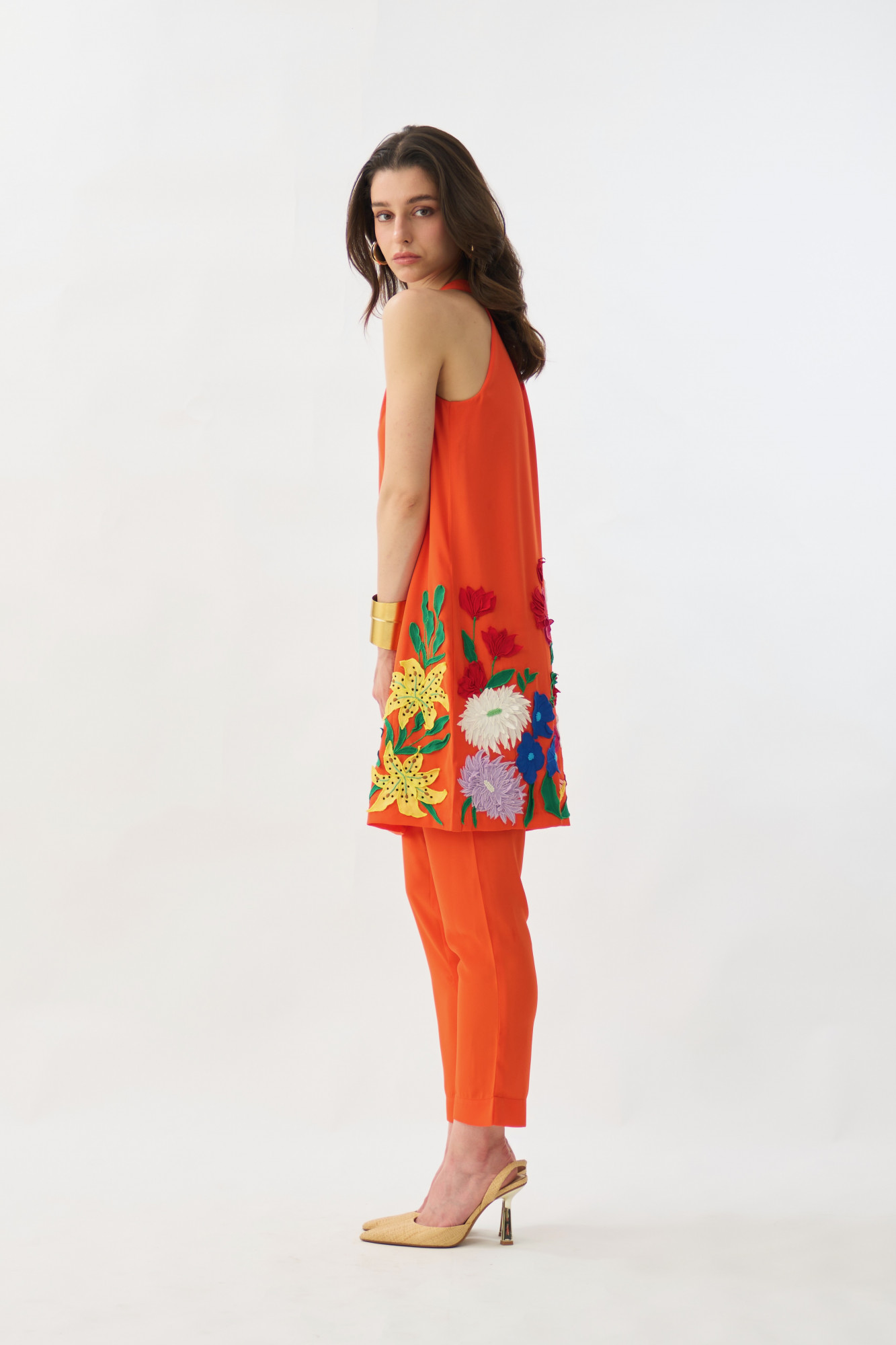 GARDEN OF SICILIA TANGERINE COLOR TUNIC AND PANT CO-ORD SET WITH DELICATE FLORAL EMBROIDERY
