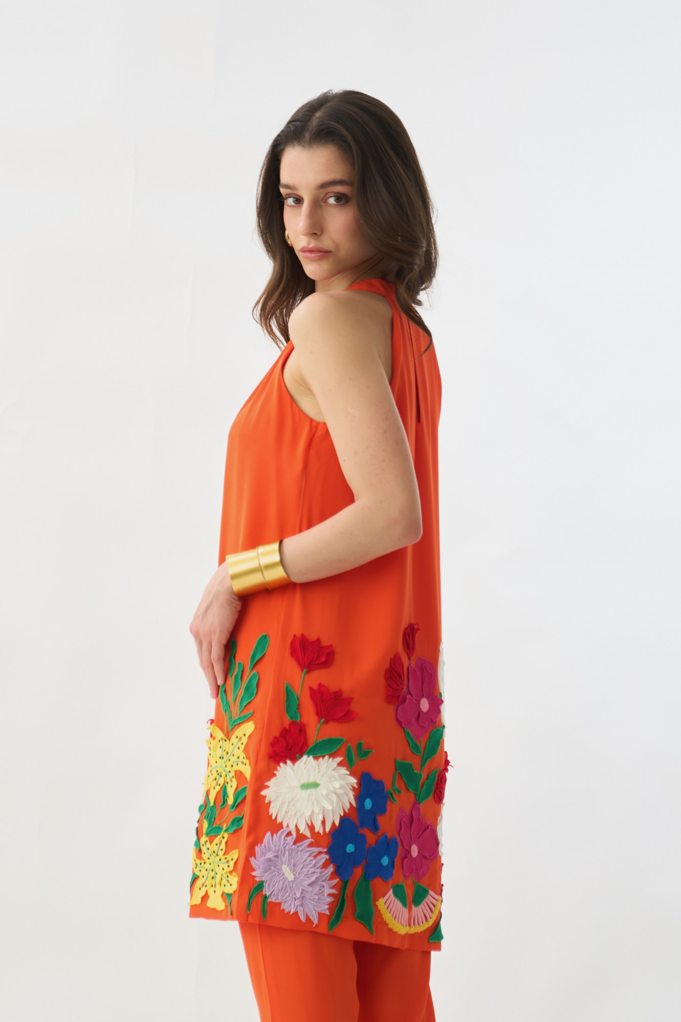 GARDEN OF SICILIA TANGERINE COLOR TUNIC AND PANT CO-ORD SET WITH DELICATE  FLORAL EMBROIDERY