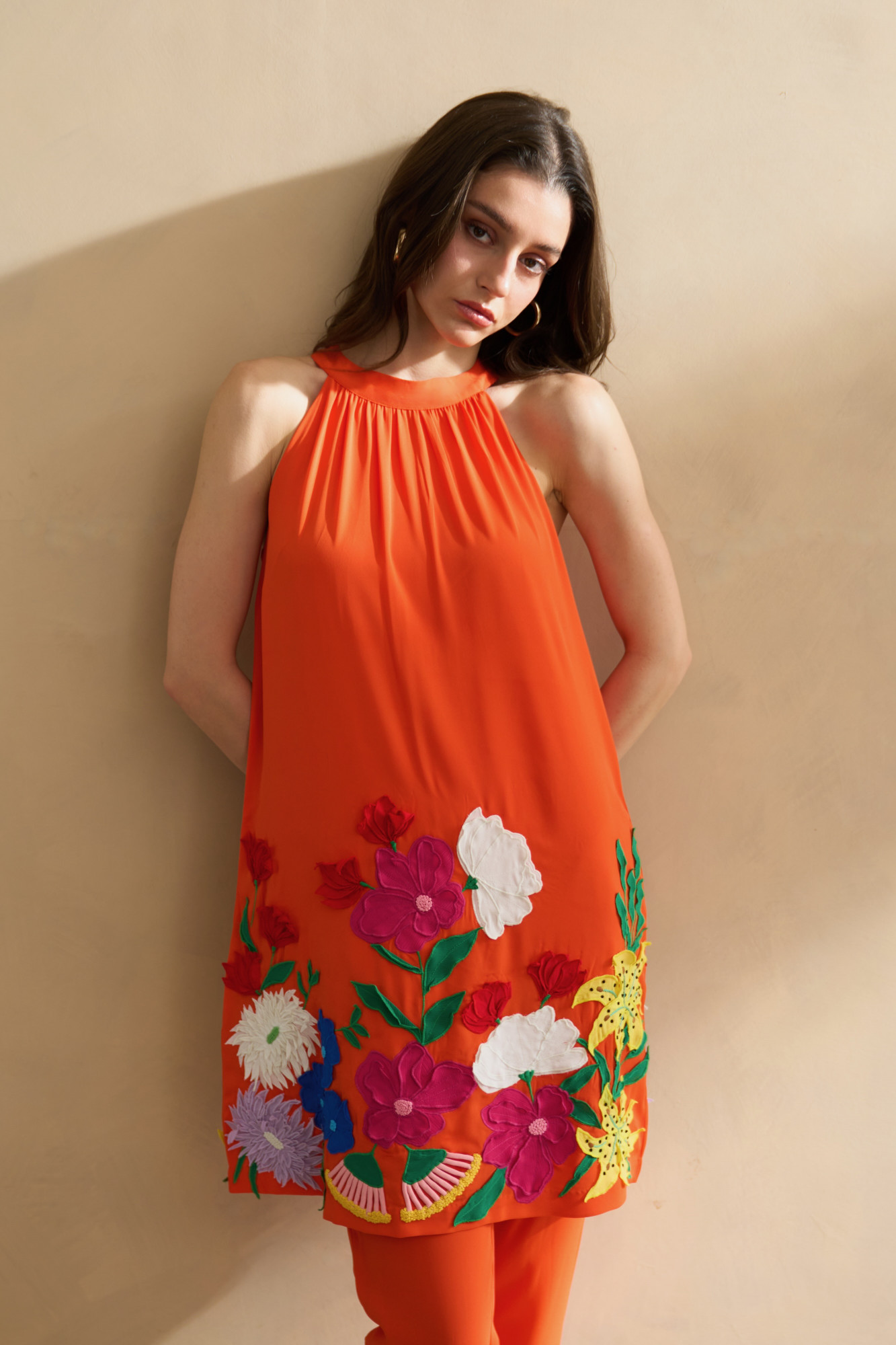 GARDEN OF SICILIA TANGERINE COLOR TUNIC AND PANT CO-ORD SET WITH DELICATE  FLORAL EMBROIDERY