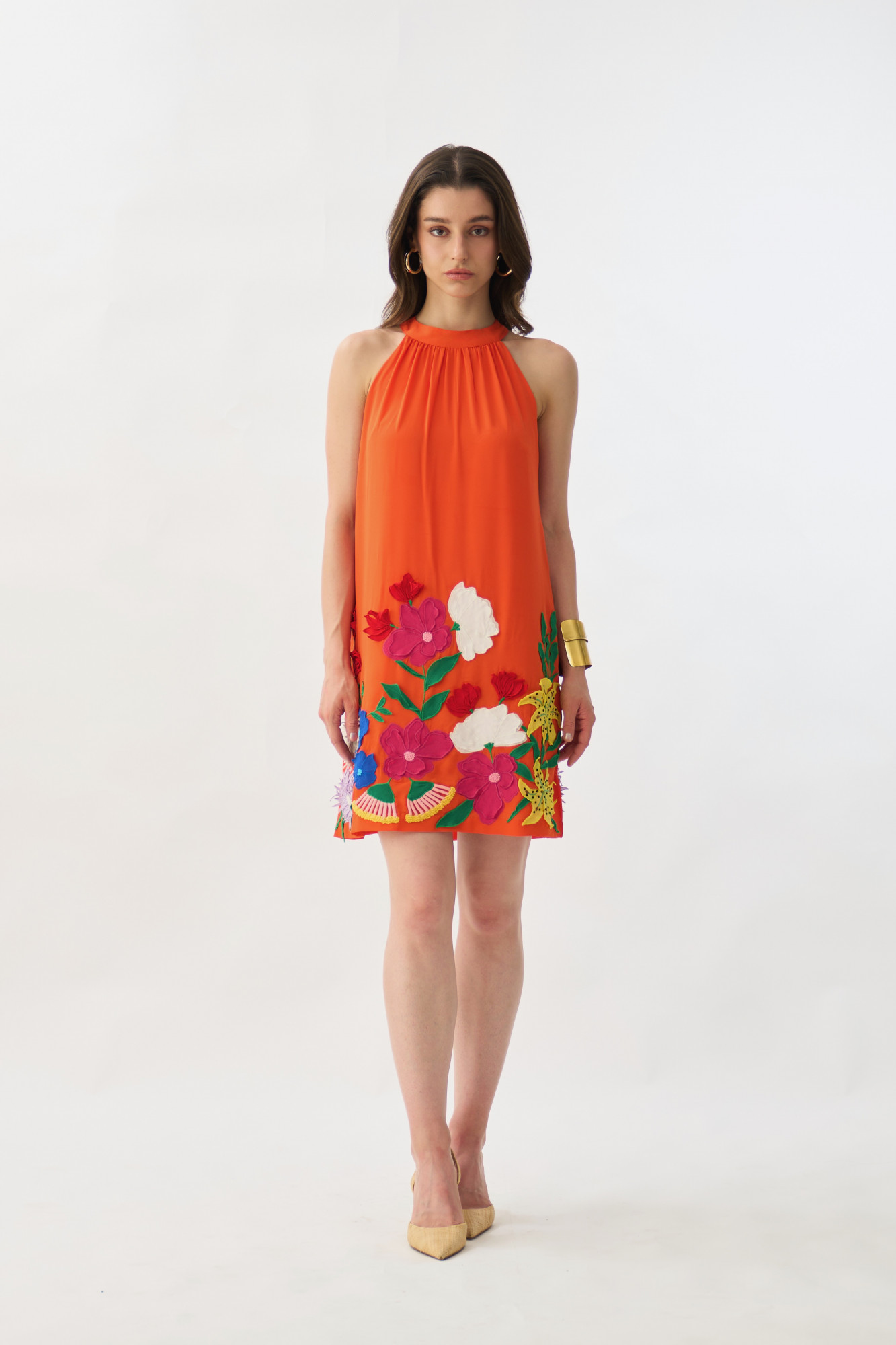 GARDEN OF SICILIA TANGERINE COLOR SHIFT DRESS WITH DELICATE MULTI COLOR FLORAL EMBROIDERY