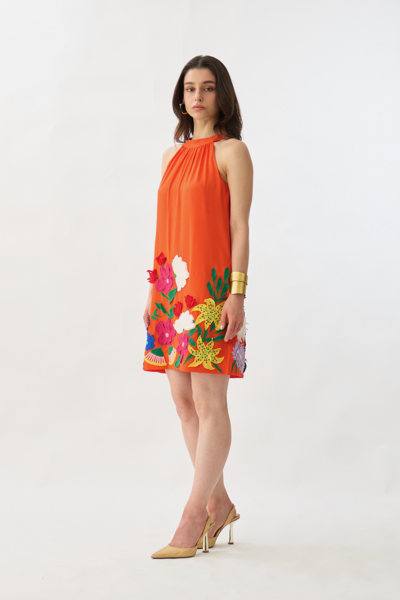 GARDEN OF SICILIA TANGERINE COLOR SHIFT DRESS WITH DELICATE MULTI COLOR FLORAL EMBROIDERY