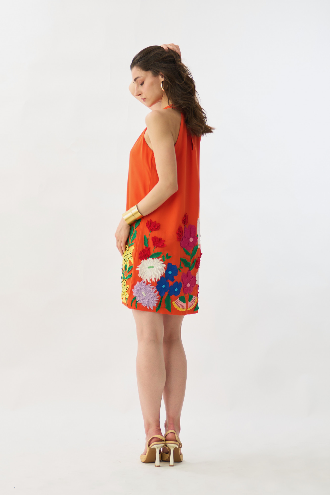 GARDEN OF SICILIA TANGERINE COLOR SHIFT DRESS WITH DELICATE MULTI COLOR FLORAL EMBROIDERY