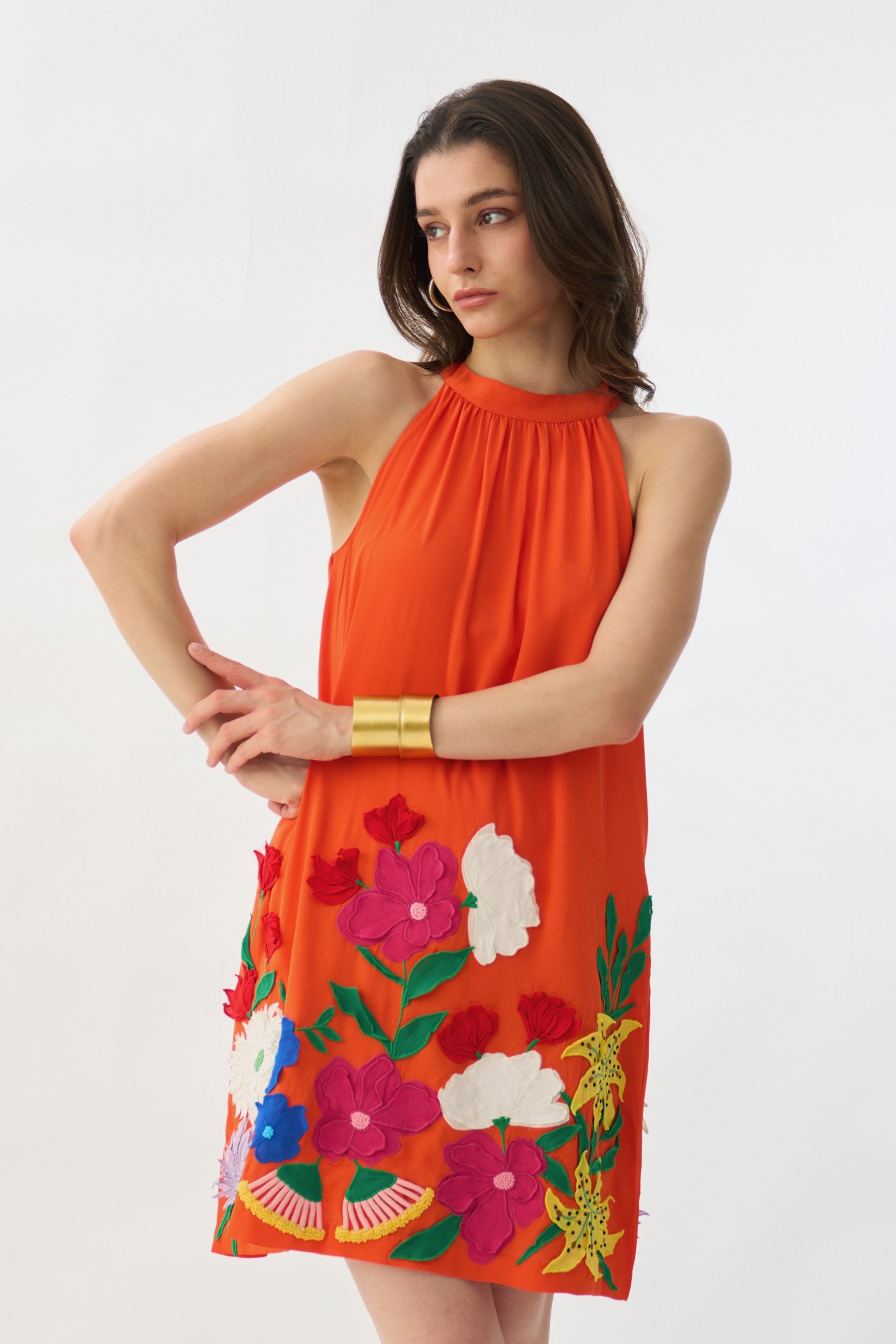 GARDEN OF SICILIA TANGERINE COLOR SHIFT DRESS WITH DELICATE MULTI COLOR FLORAL EMBROIDERY