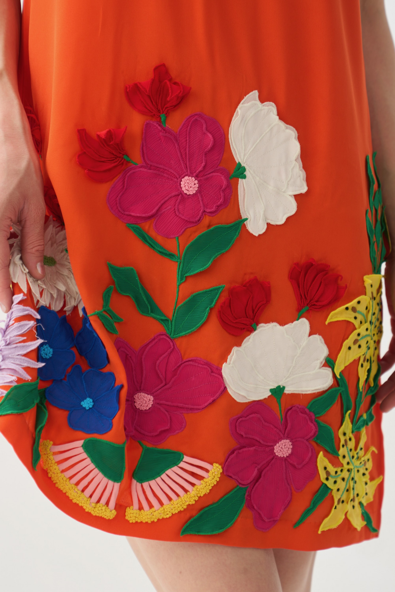 GARDEN OF SICILIA TANGERINE COLOR SHIFT DRESS WITH DELICATE MULTI COLOR FLORAL EMBROIDERY