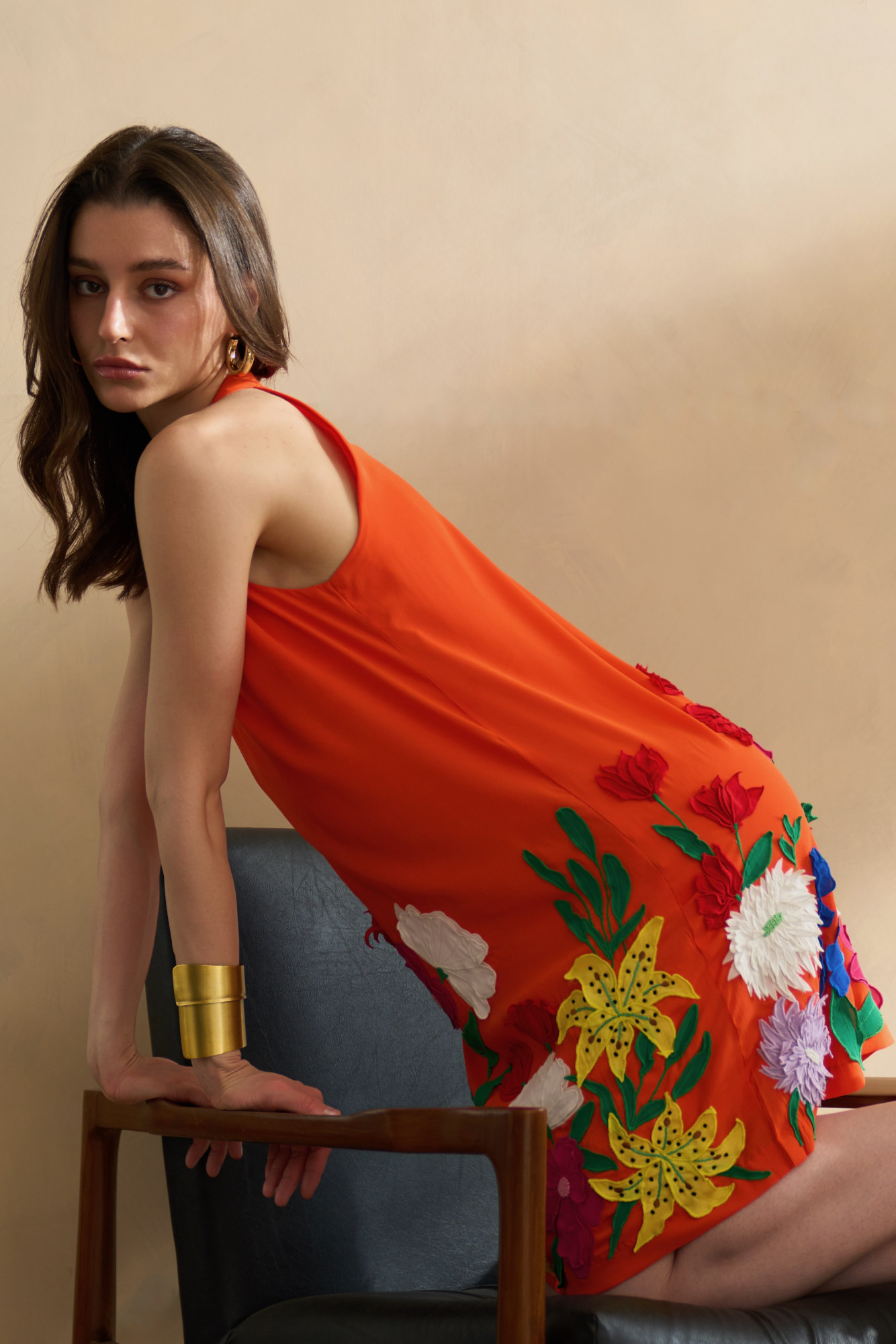 GARDEN OF SICILIA TANGERINE COLOR SHIFT DRESS WITH DELICATE MULTI COLOR FLORAL EMBROIDERY